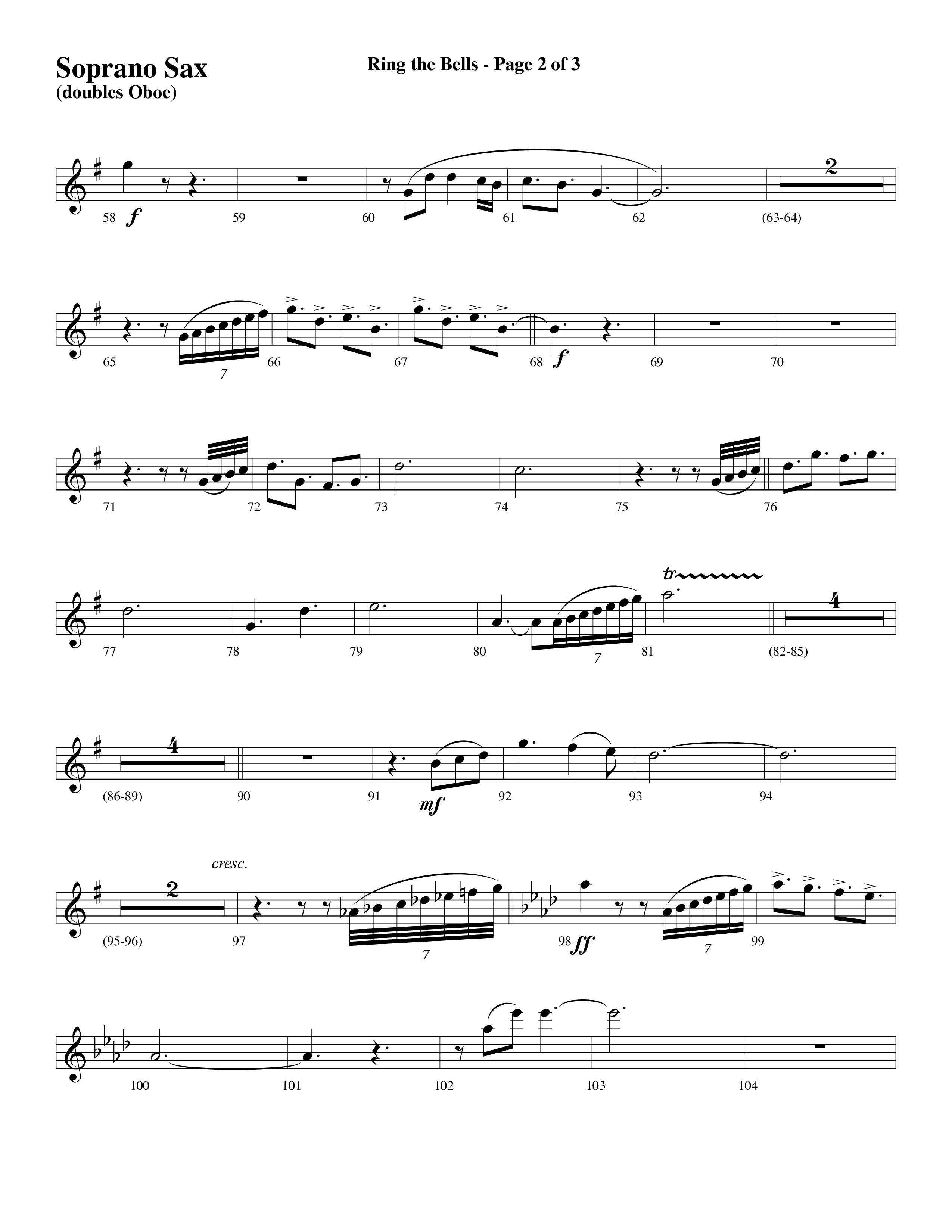 Ring The Bells (Choral Anthem) Soprano Sax (Word Music Choral / Arr. Gary Rhodes / Orch. Tim Cates)
