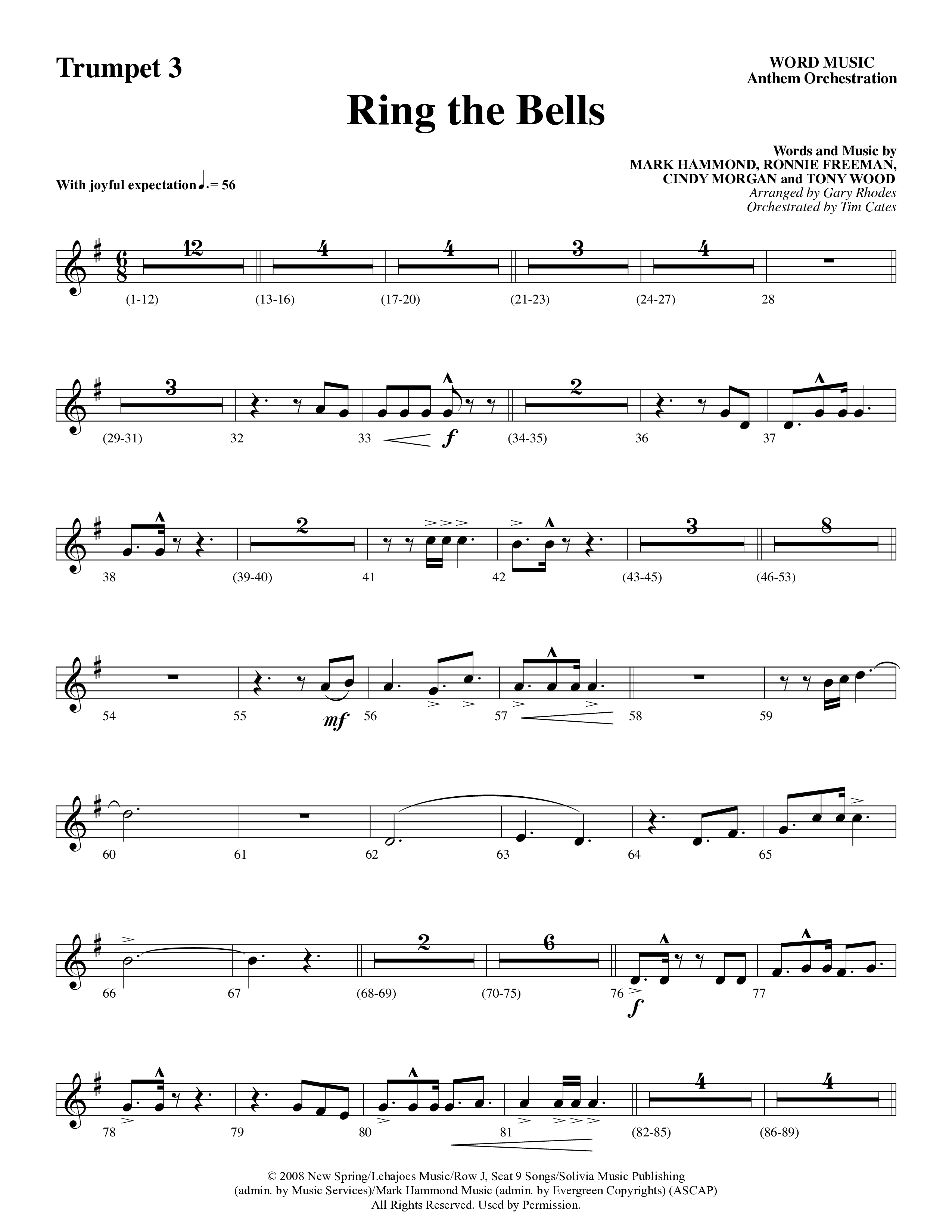 Ring The Bells (Choral Anthem) Trumpet 3 (Word Music Choral / Arr. Gary Rhodes / Orch. Tim Cates)
