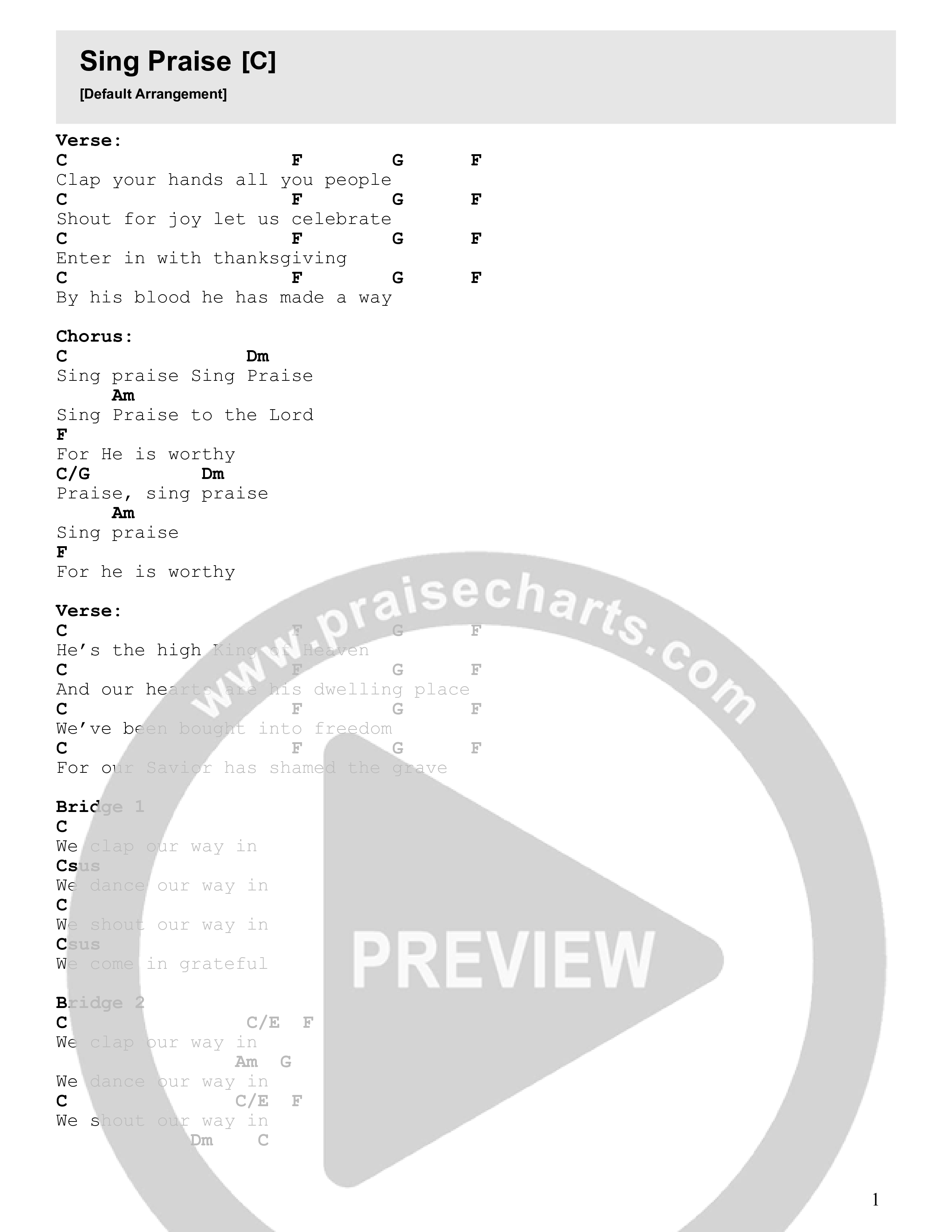 Sing Praise (Live) Chord Chart (Calvary Worship Live)