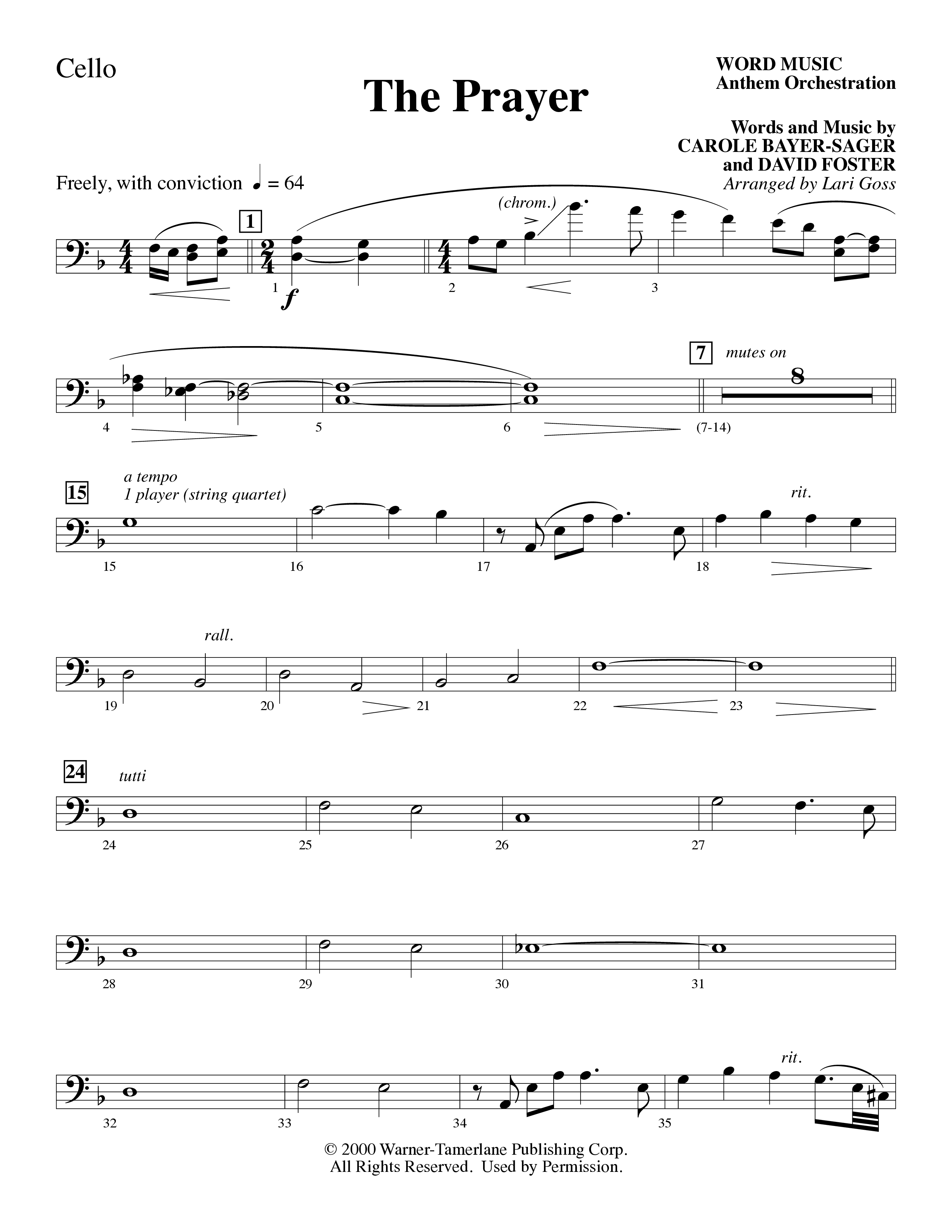 The Prayer (Choral Anthem SATB) Cello (Word Music Choral / Arr. Lari Goss)
