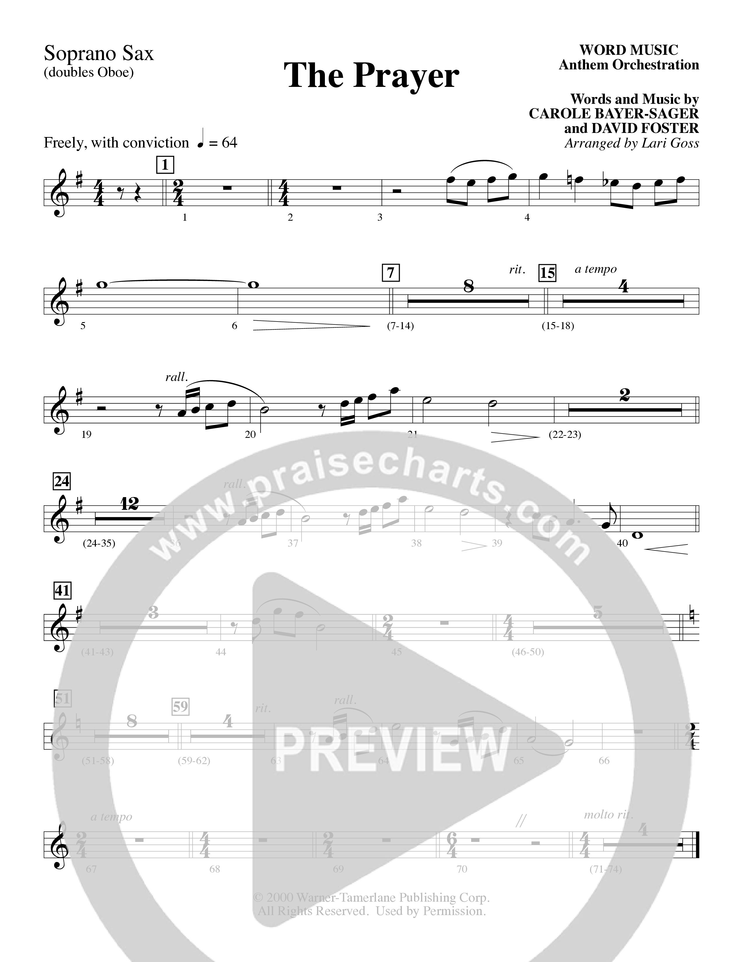 The Prayer (Choral Anthem SATB) Soprano Sax (Word Music Choral / Arr. Lari Goss)