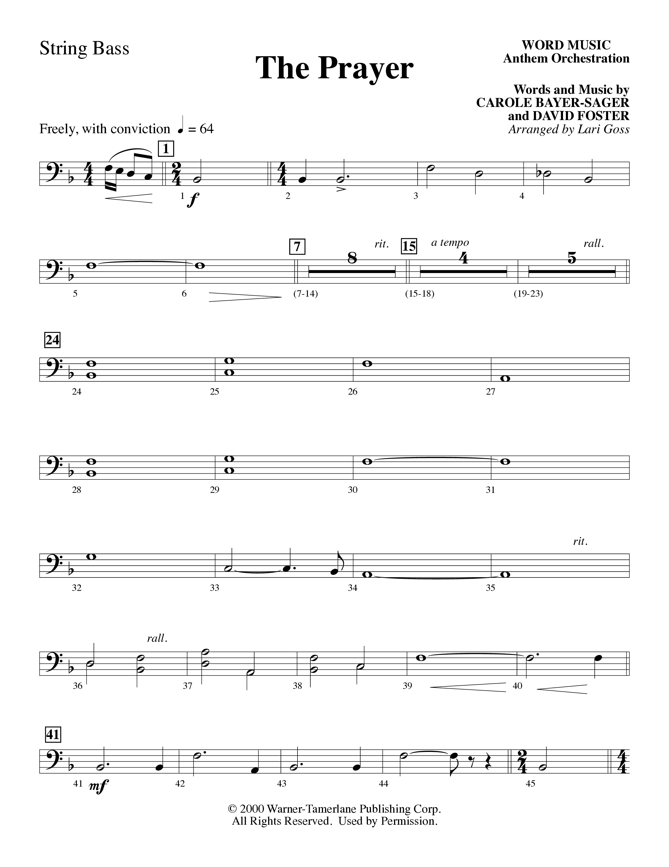 The Prayer (Choral Anthem SATB) String Bass (Word Music Choral / Arr. Lari Goss)