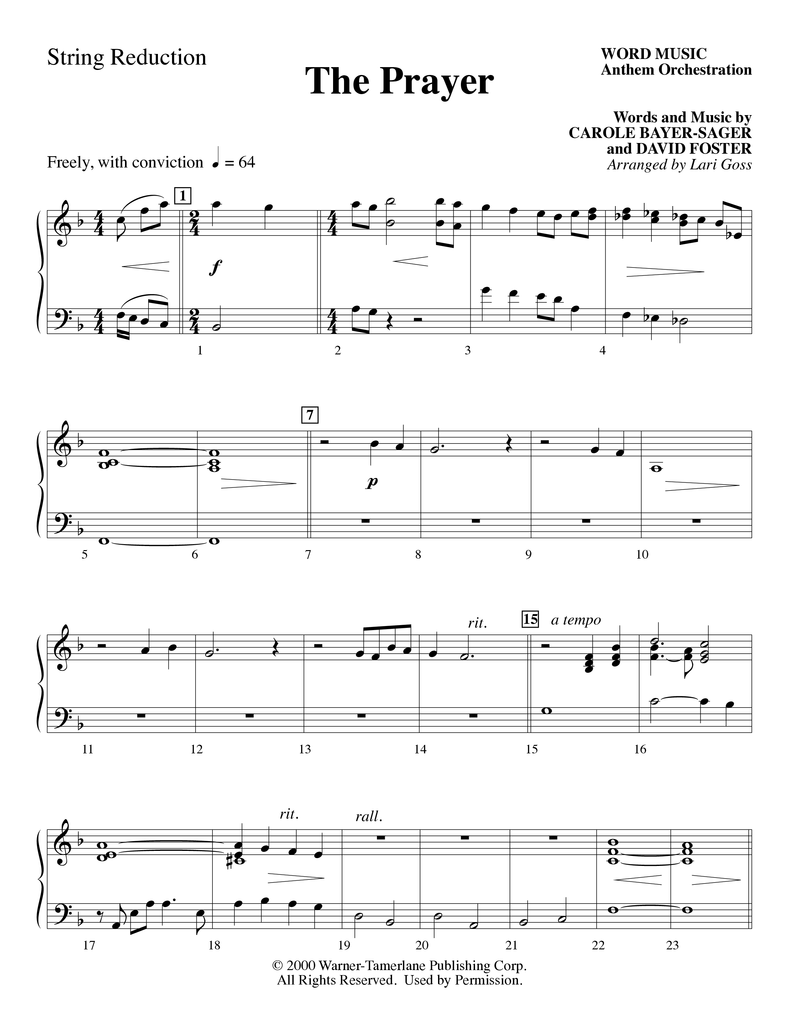The Prayer (Choral Anthem SATB) String Reduction (Word Music Choral / Arr. Lari Goss)