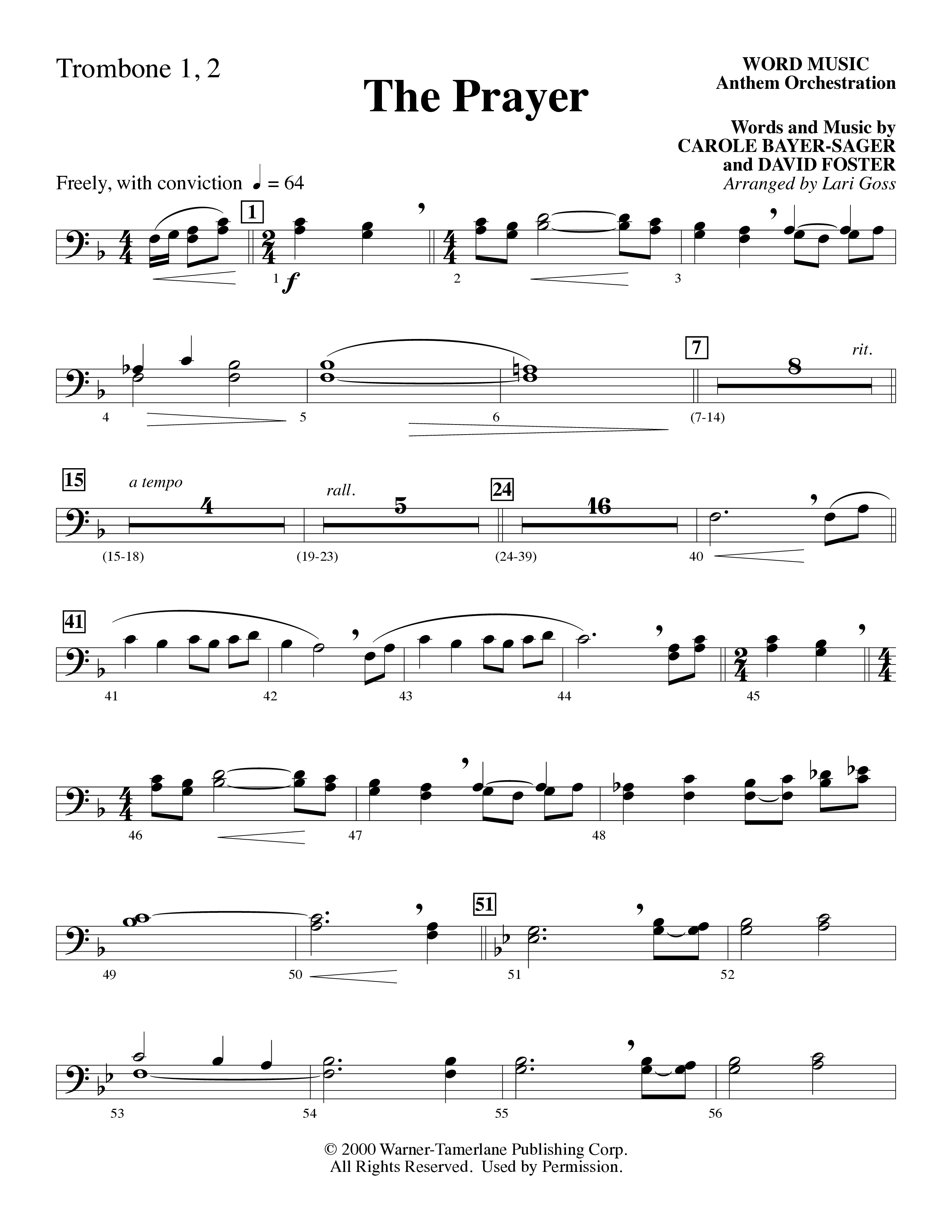 The Prayer (Choral Anthem SATB) Trombone 1/2 (Word Music Choral / Arr. Lari Goss)