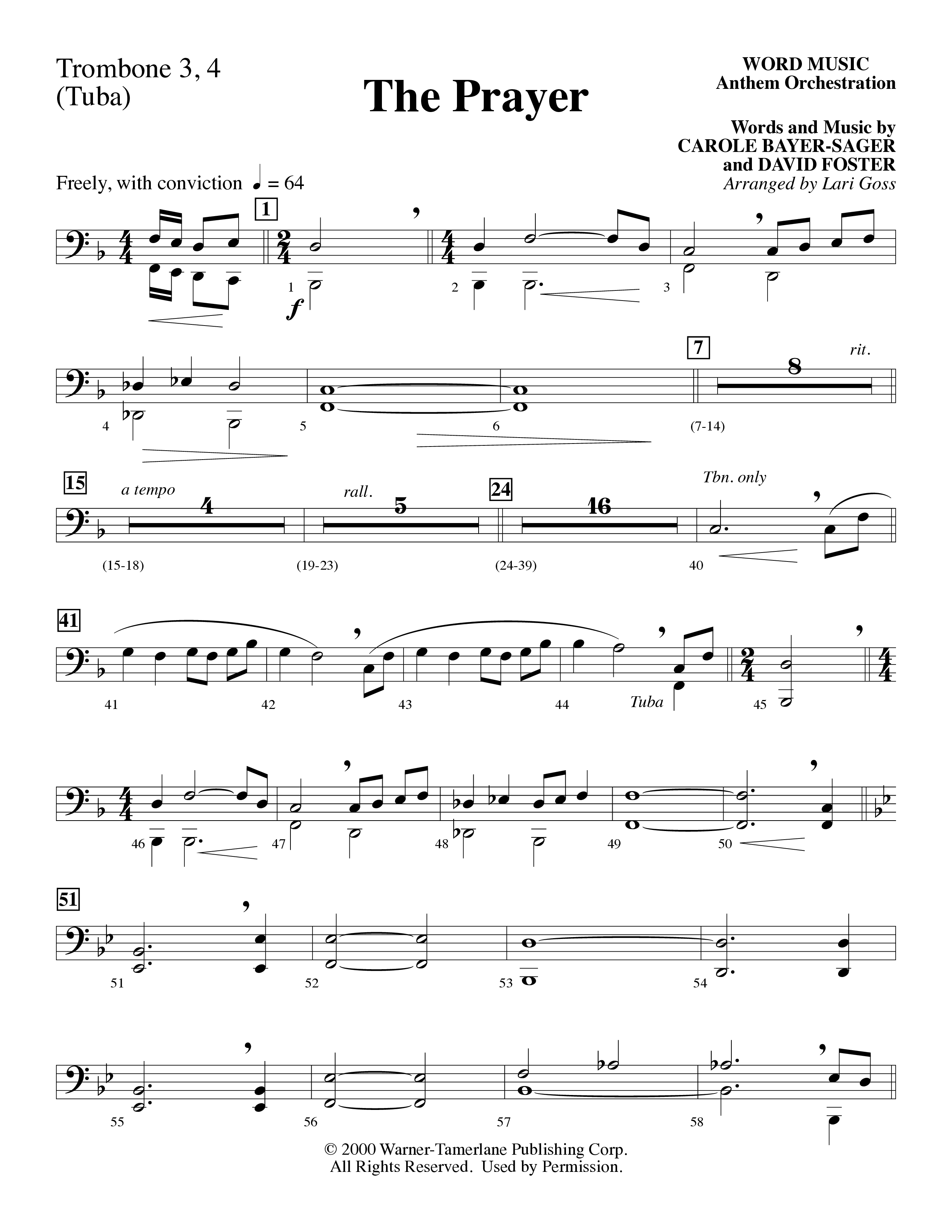 The Prayer (Choral Anthem SATB) Trombone 3/4 (Word Music Choral / Arr. Lari Goss)
