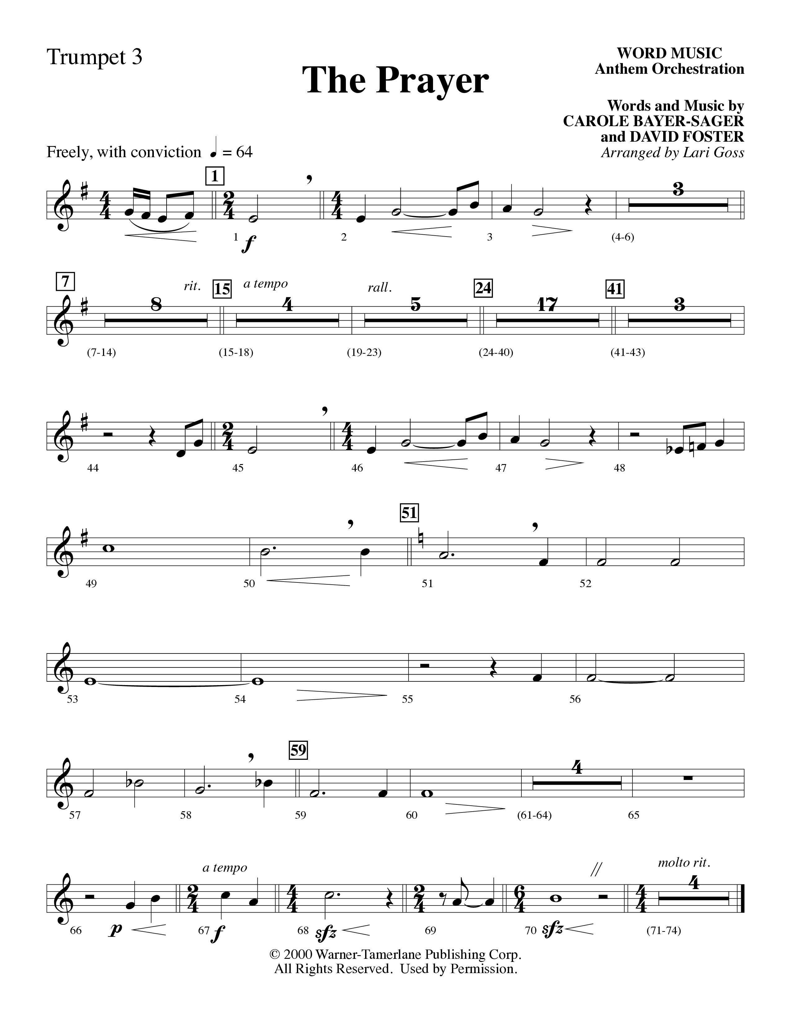 The Prayer (Choral Anthem SATB) Trumpet 3 (Word Music Choral / Arr. Lari Goss)