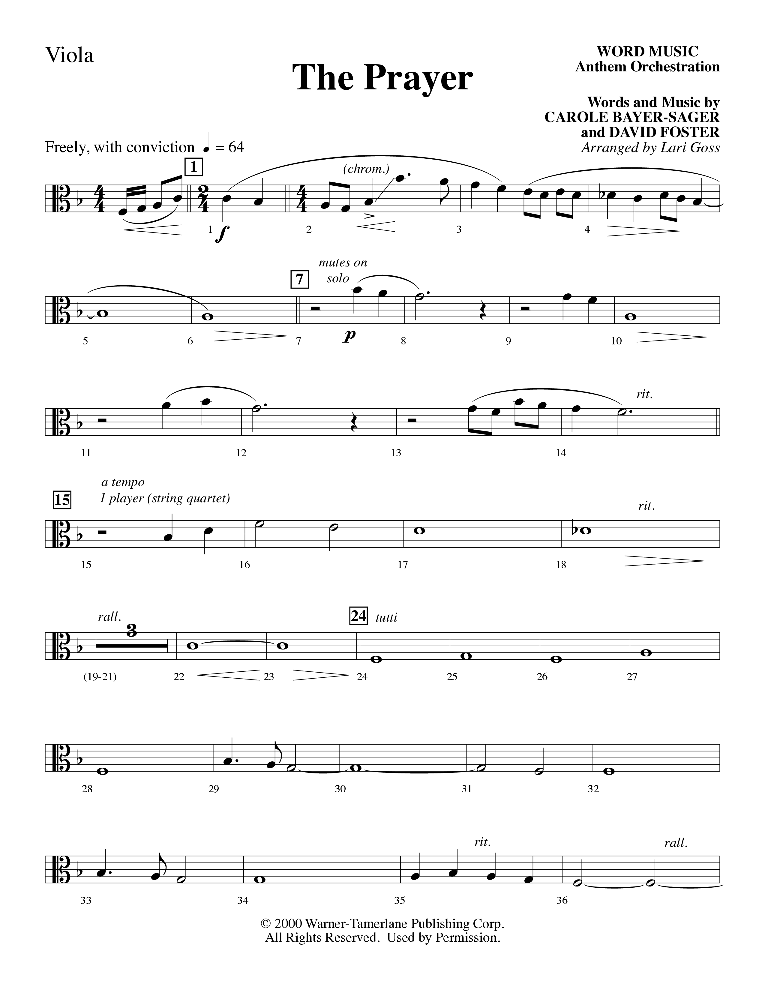 The Prayer (Choral Anthem SATB) Viola (Word Music Choral / Arr. Lari Goss)