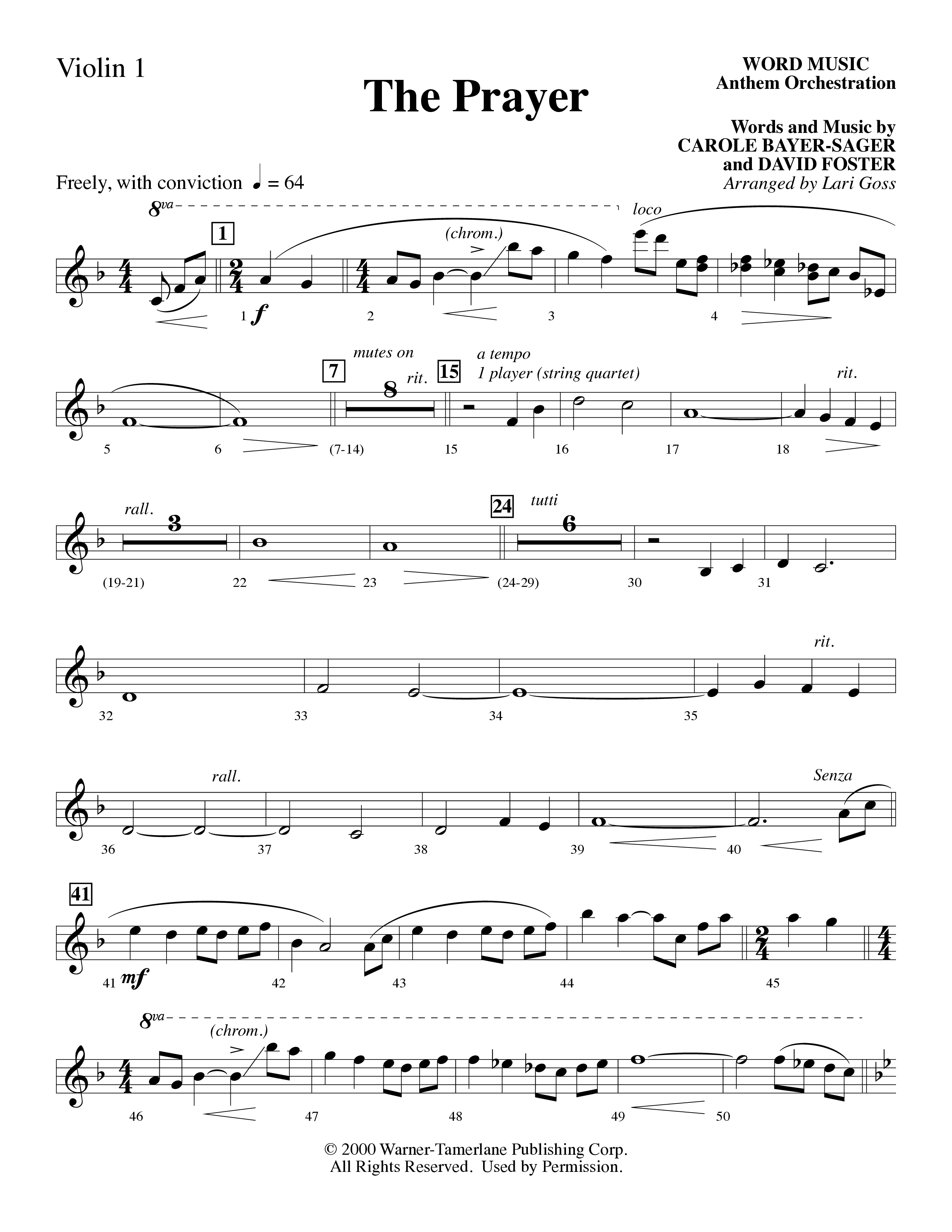 The Prayer (Choral Anthem SATB) Violin 1 (Word Music Choral / Arr. Lari Goss)