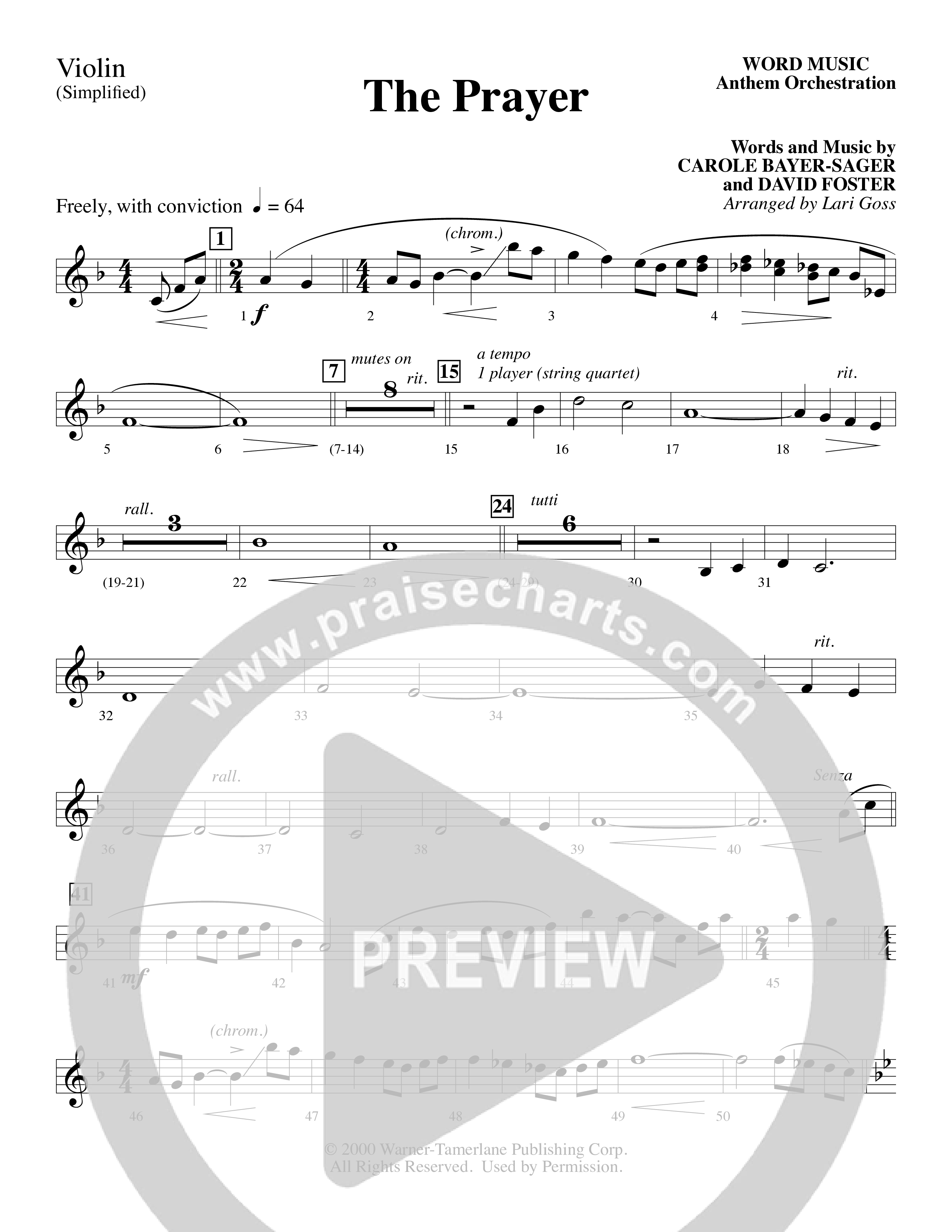 The Prayer (Choral Anthem SATB) Violin 1 (Word Music Choral / Arr. Lari Goss)