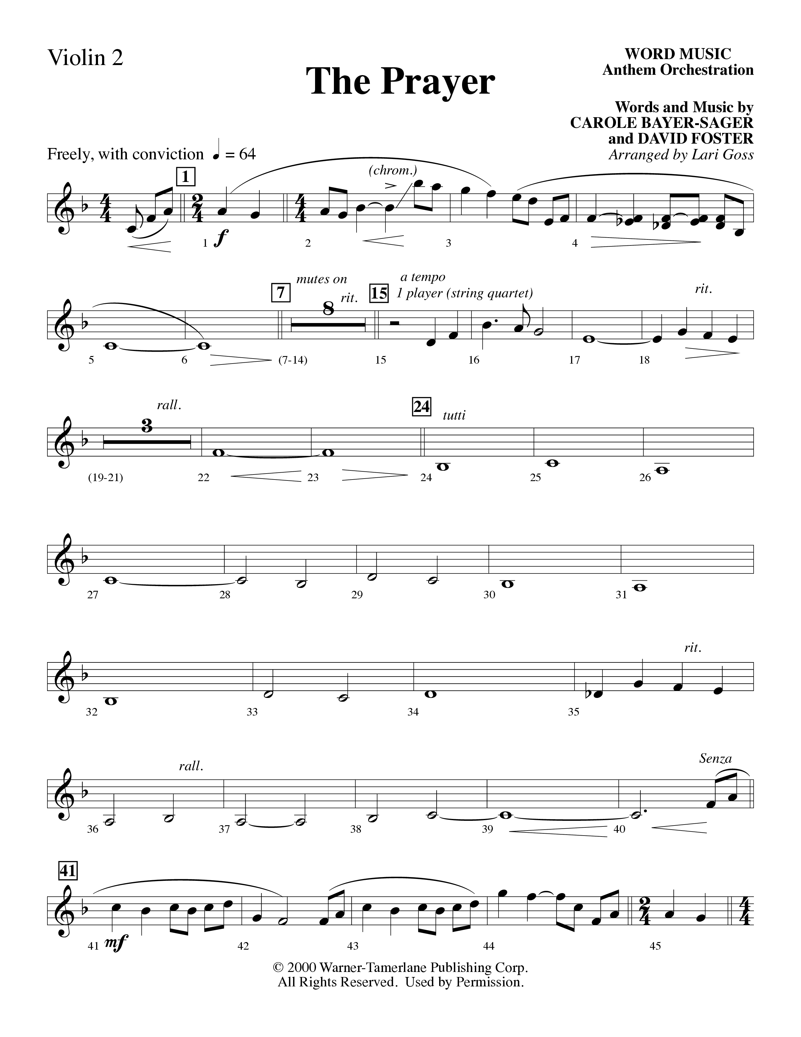The Prayer (Choral Anthem SATB) Violin 2 (Word Music Choral / Arr. Lari Goss)