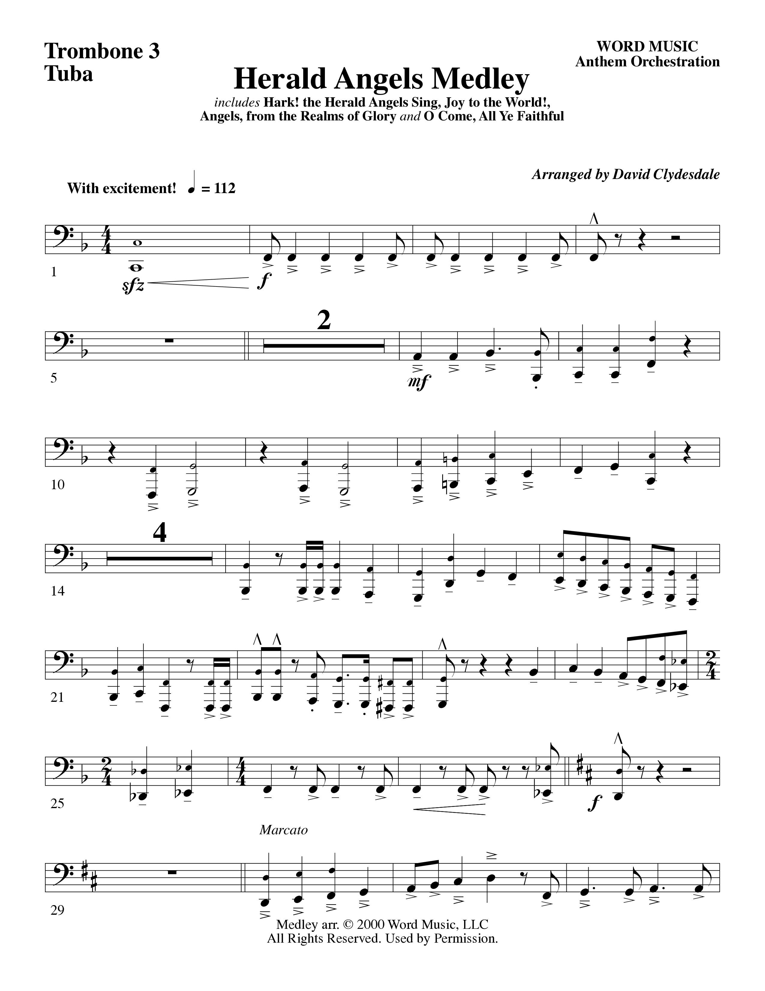 Herald Angels Medley (Choral Anthem SATB) Trombone 3/Tuba (Word Music Choral / Arr. David Clydesdale)