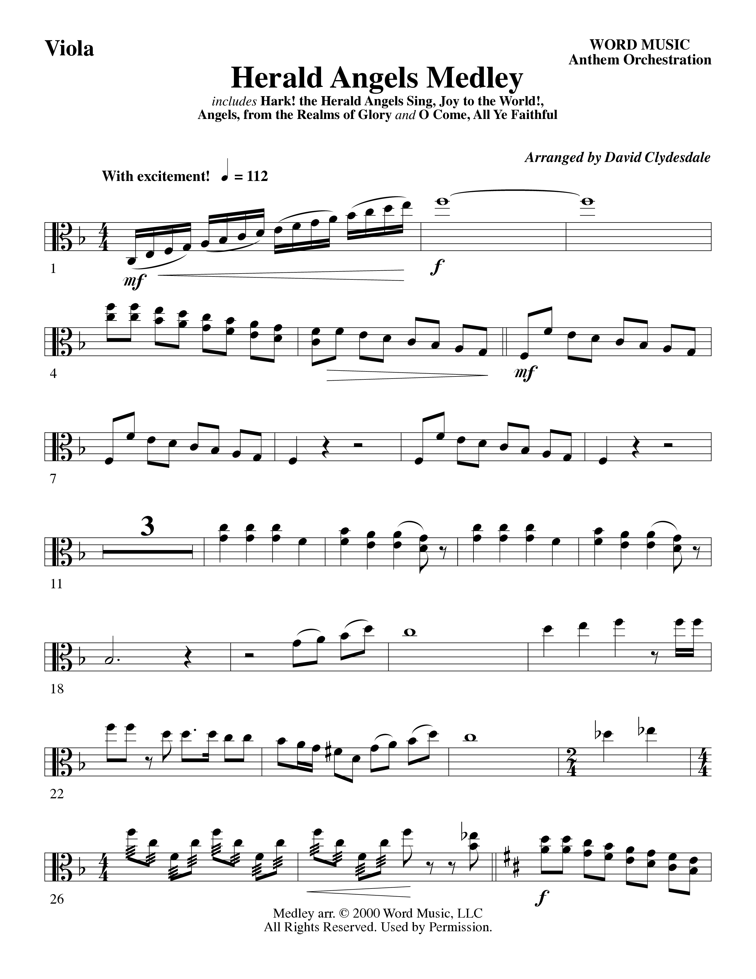 Herald Angels Medley (Choral Anthem SATB) Viola (Word Music Choral / Arr. David Clydesdale)