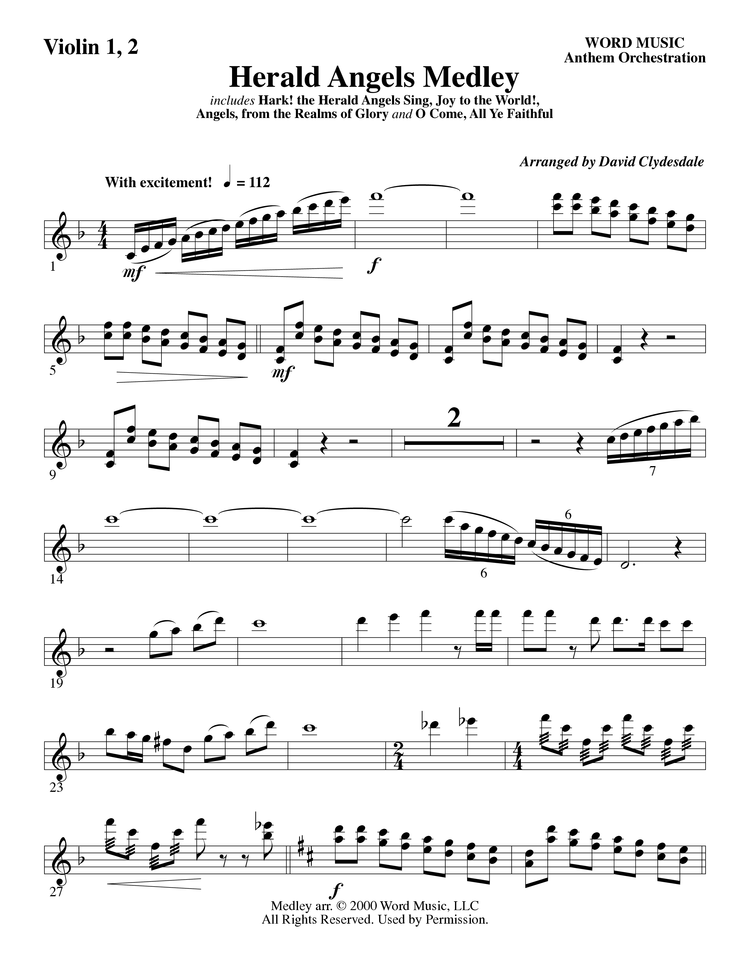 Herald Angels Medley (Choral Anthem SATB) Violin 1/2 (Word Music Choral / Arr. David Clydesdale)