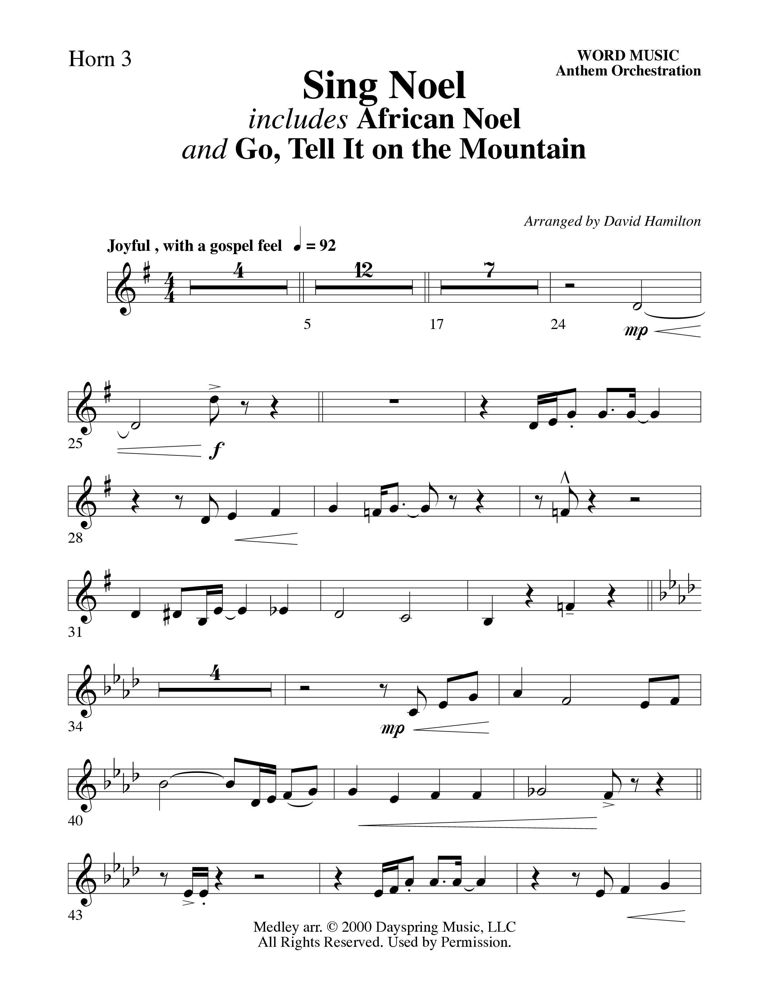 Sing Noel (with African Noel and Go Tell It On The Mountain) (Choral Anthem SATB) French Horn 3 (Word Music Choral / Arr. David Hamilton)