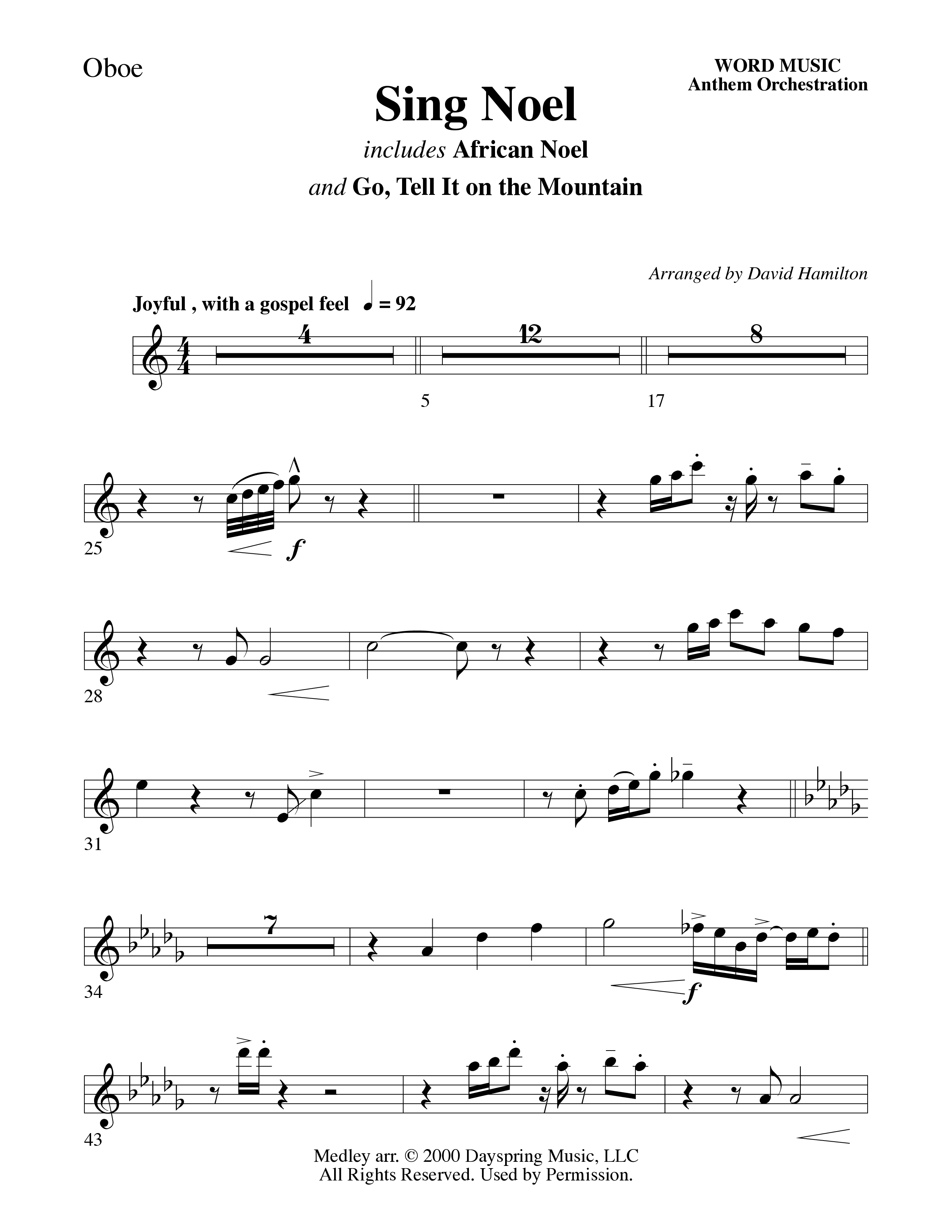Sing Noel (with African Noel and Go Tell It On The Mountain) (Choral Anthem SATB) Oboe (Word Music Choral / Arr. David Hamilton)