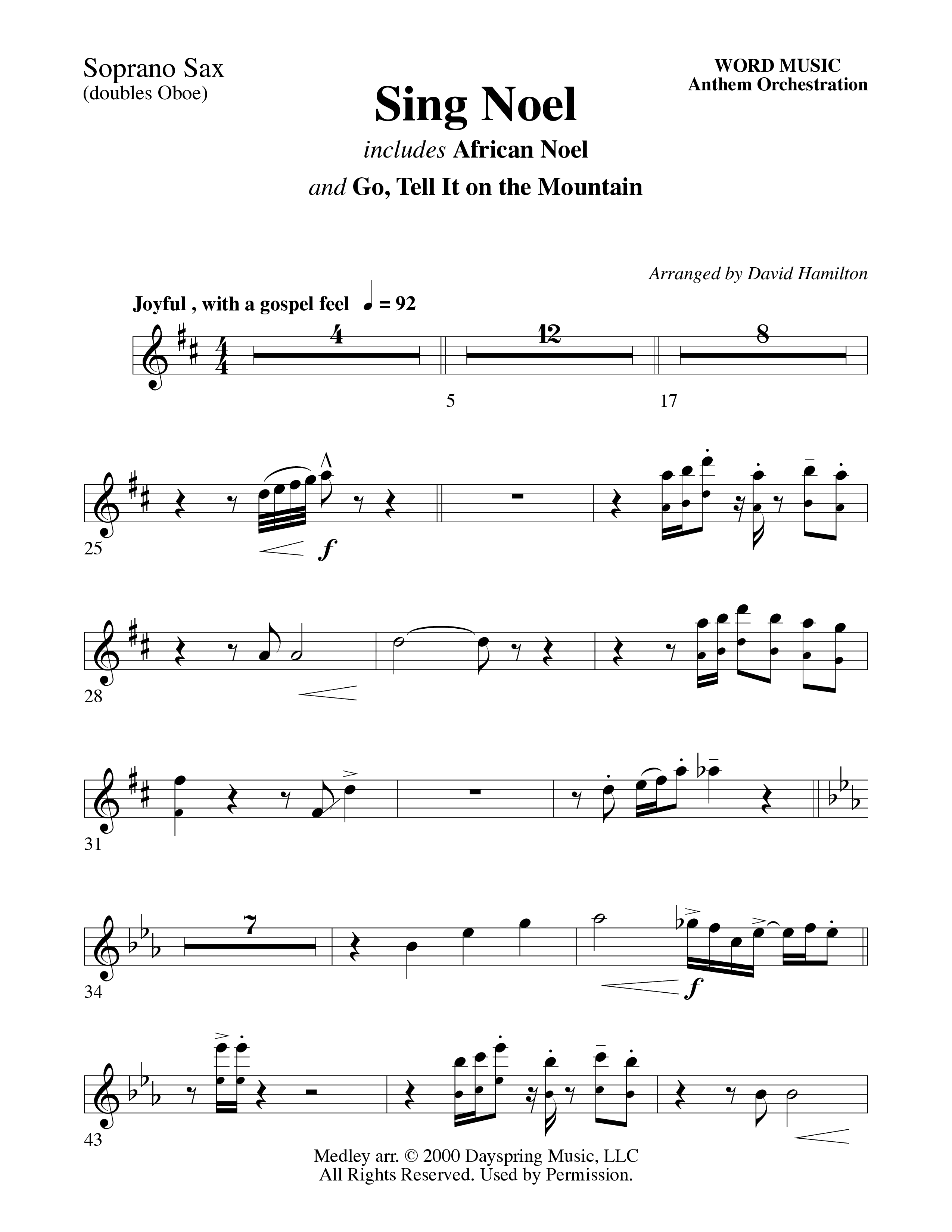 Sing Noel (with African Noel and Go Tell It On The Mountain) (Choral Anthem SATB) Soprano Sax (Word Music Choral / Arr. David Hamilton)