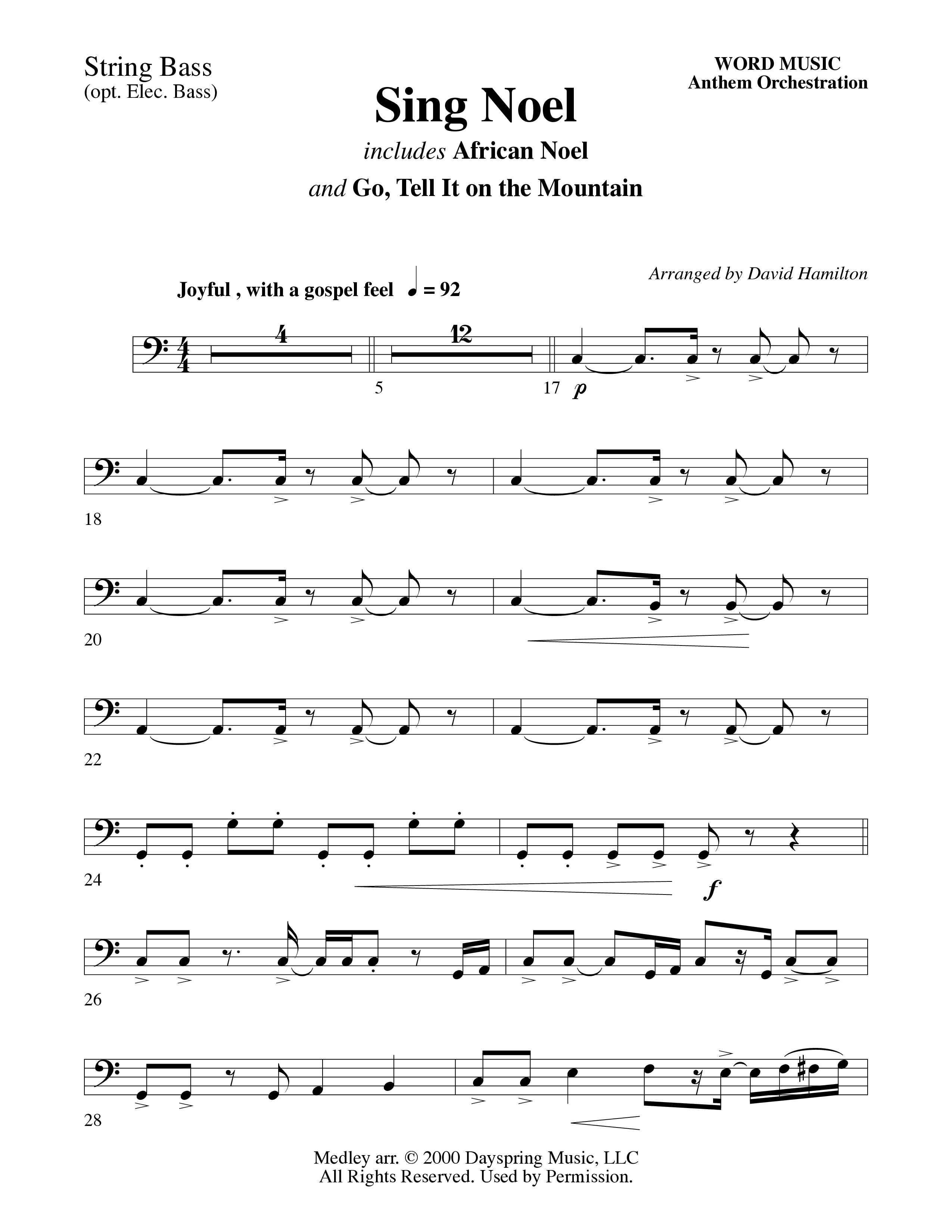 Sing Noel (with African Noel and Go Tell It On The Mountain) (Choral Anthem SATB) String Bass (Word Music Choral / Arr. David Hamilton)