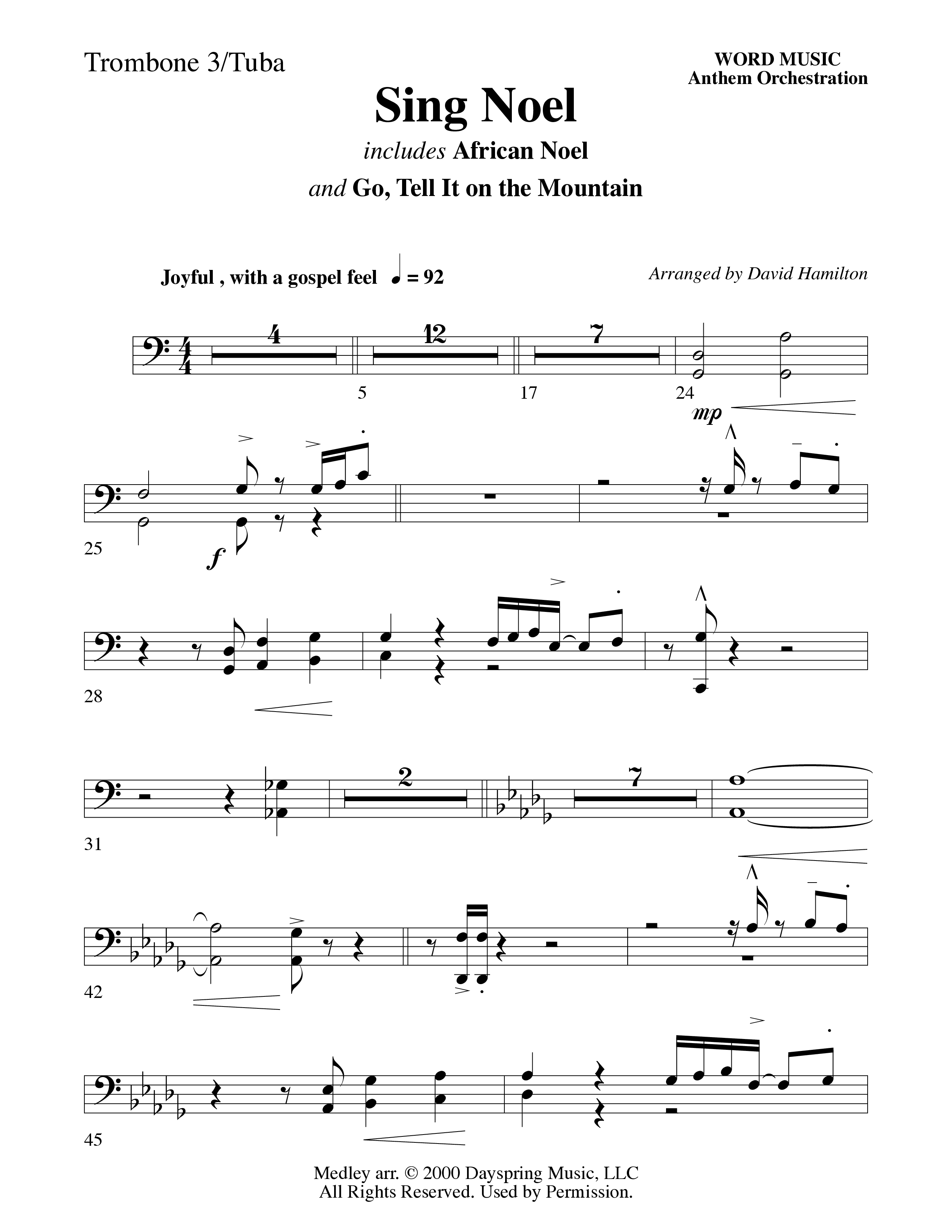 Sing Noel (with African Noel and Go Tell It On The Mountain) (Choral Anthem SATB) Trombone 3/Tuba (Word Music Choral / Arr. David Hamilton)