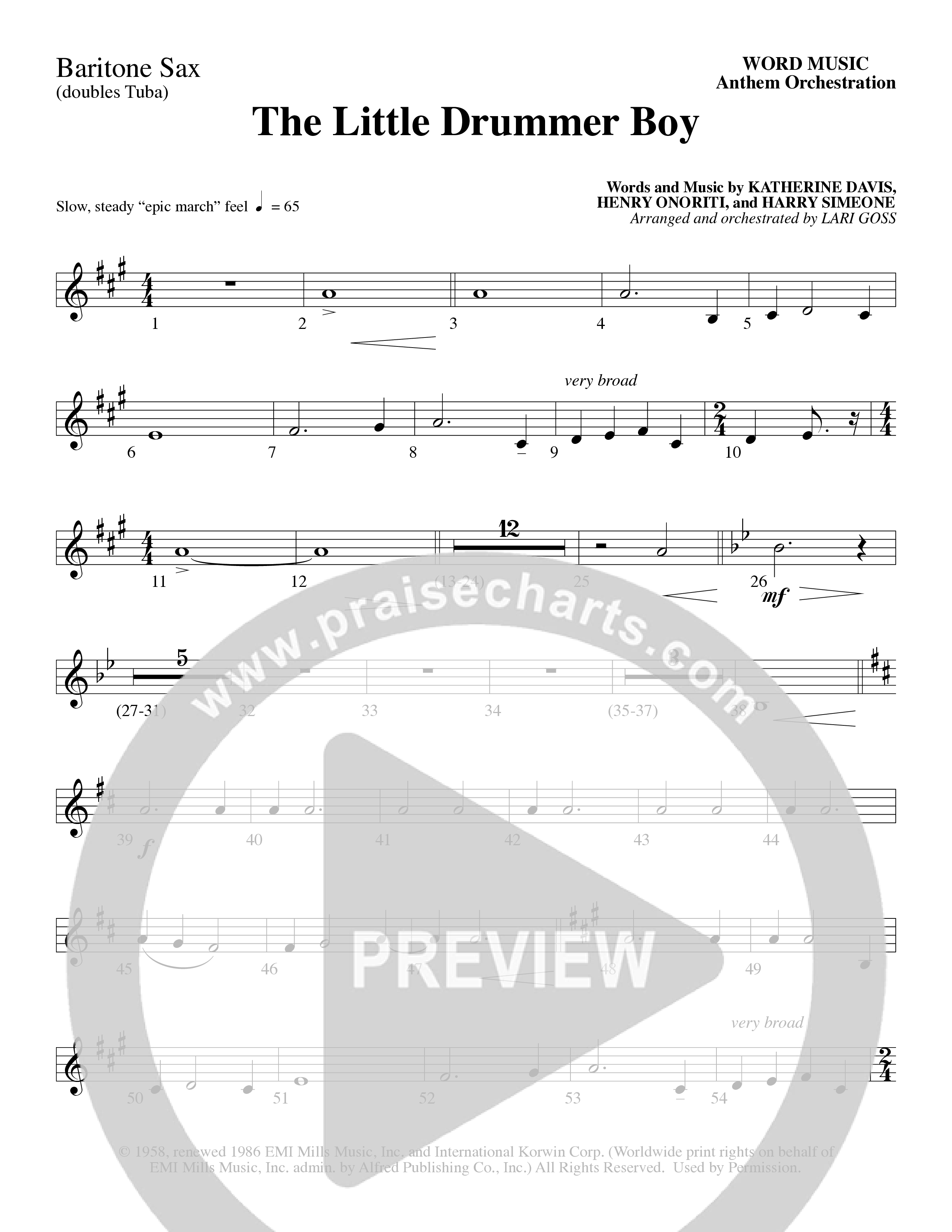 The Little Drummer Boy (Choral Anthem SATB) Bari Sax (Word Music Choral / Arr. Lari Goss)