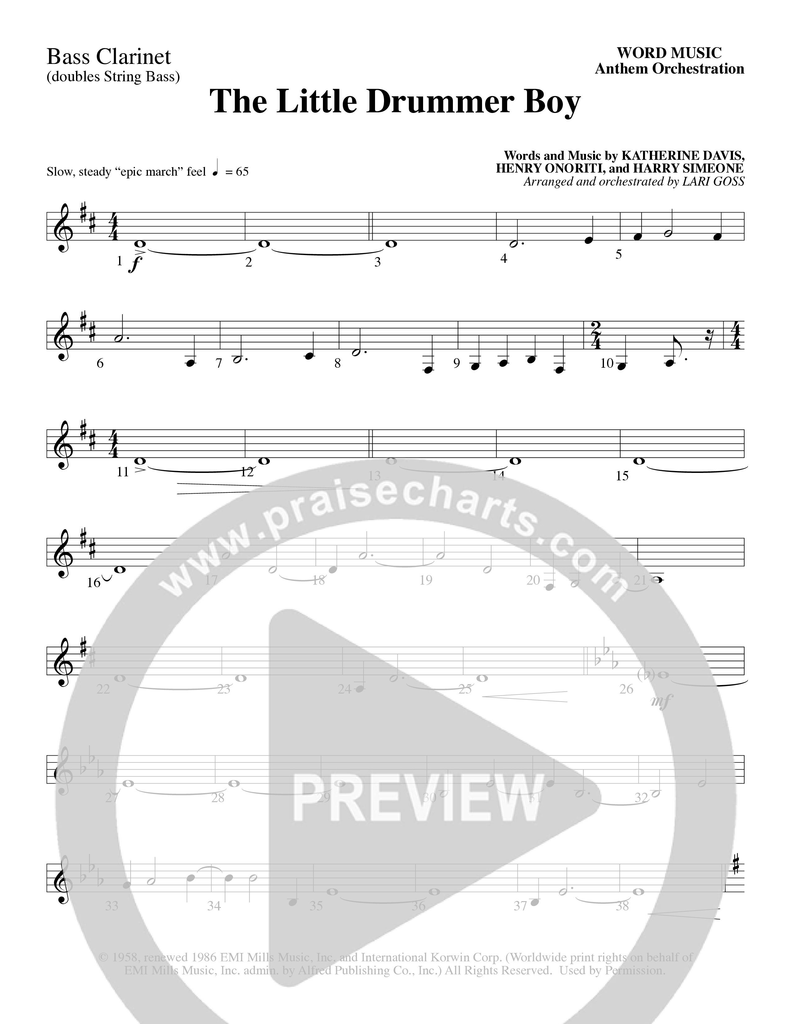 The Little Drummer Boy (Choral Anthem SATB) Bass Clarinet (Word Music Choral / Arr. Lari Goss)