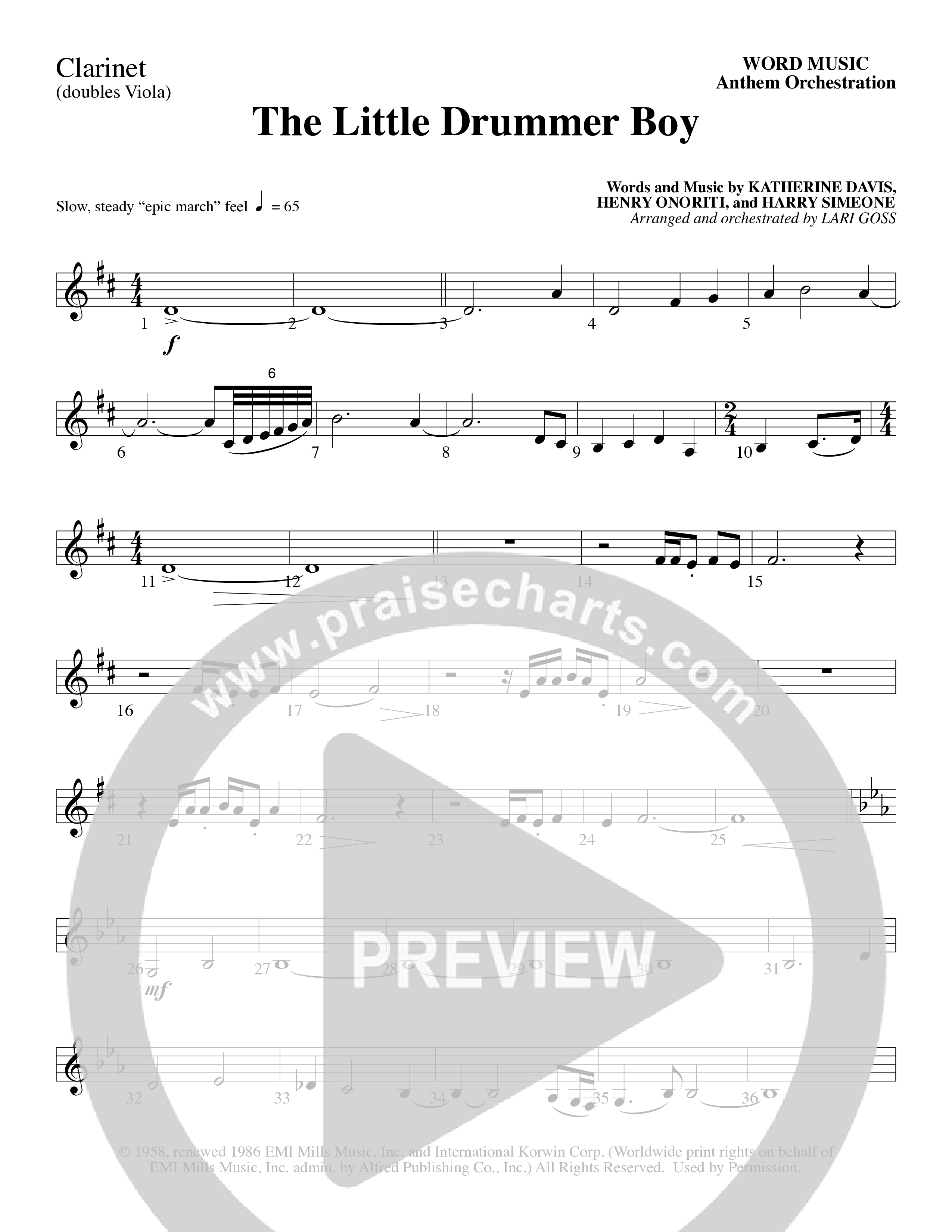 The Little Drummer Boy (Choral Anthem SATB) Clarinet (Word Music Choral / Arr. Lari Goss)