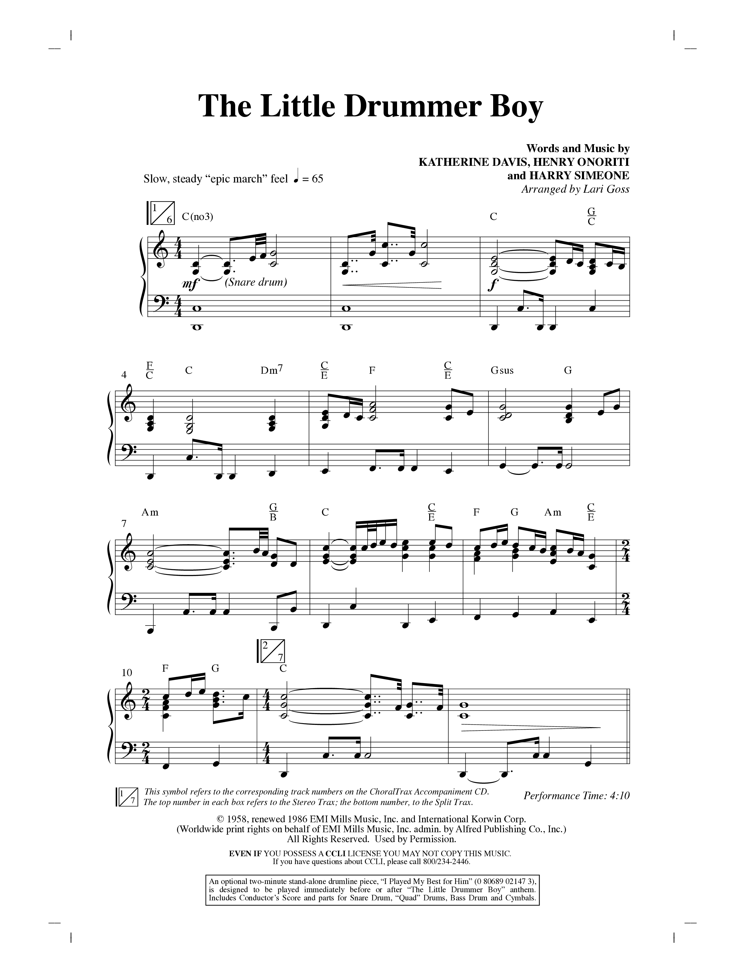 The Little Drummer Boy (Choral Anthem SATB) Anthem (SATB/Piano) (Word Music Choral / Arr. Lari Goss)
