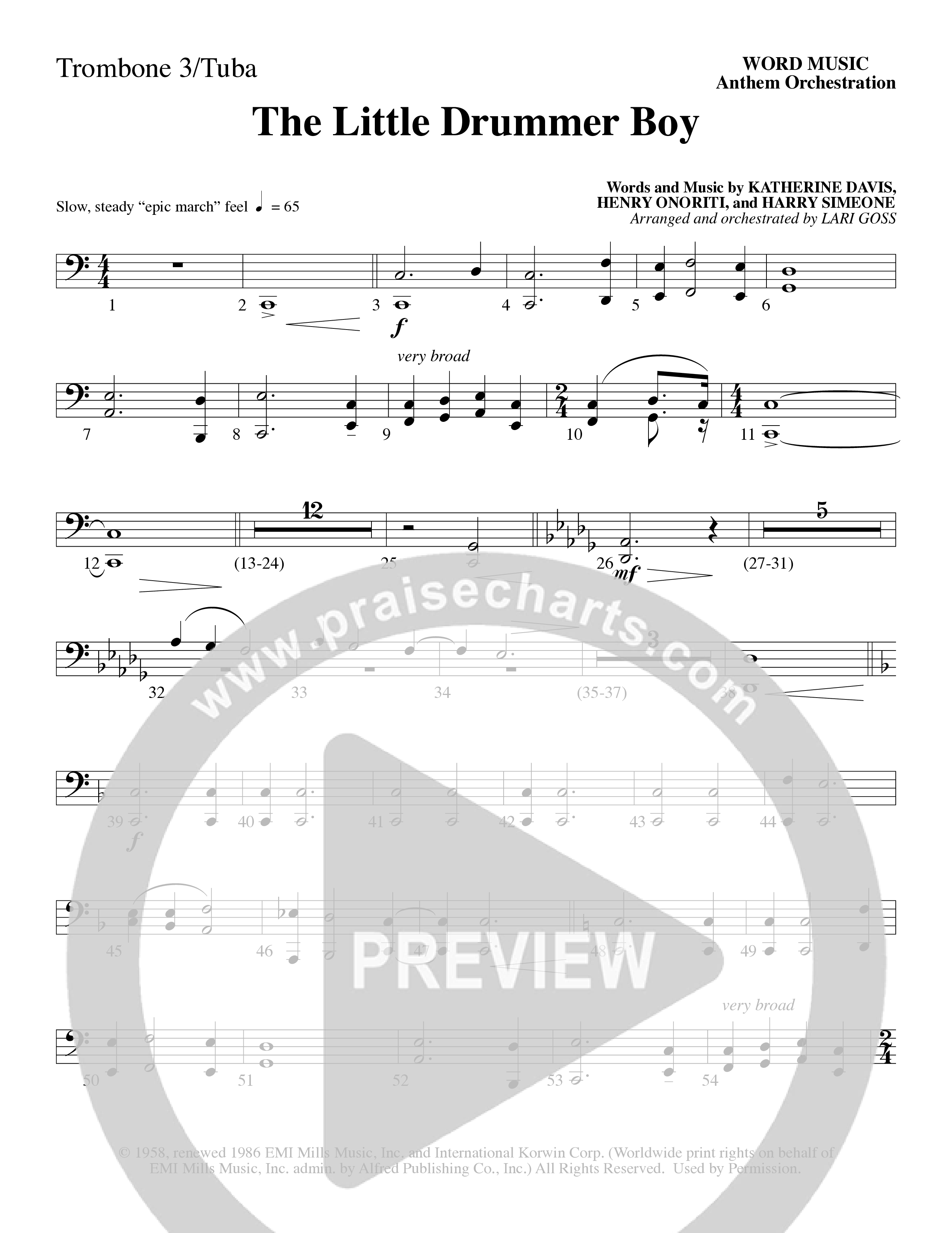 The Little Drummer Boy (Choral Anthem SATB) Trombone 3/Tuba (Word Music Choral / Arr. Lari Goss)