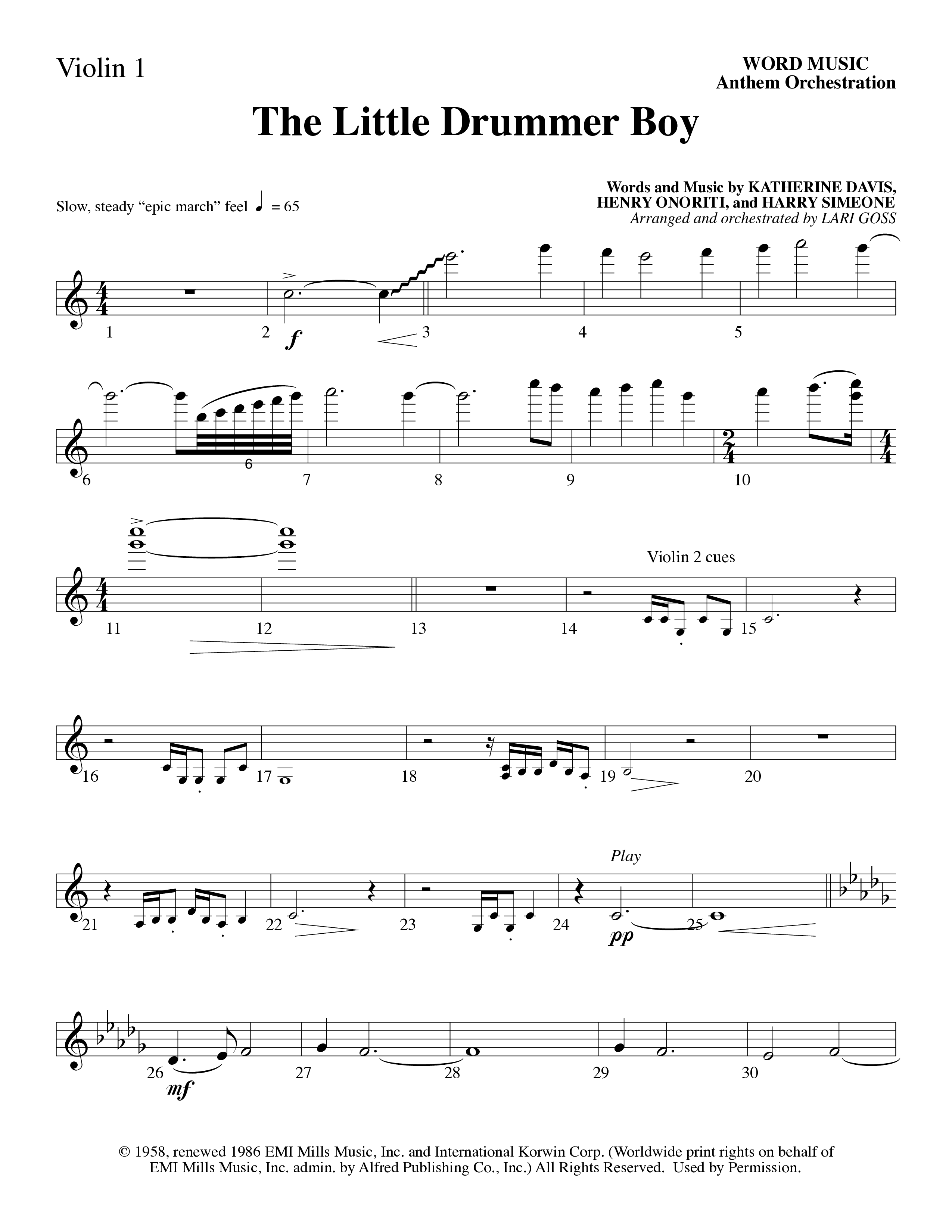 The Little Drummer Boy (Choral Anthem SATB) Violin 1 (Word Music Choral / Arr. Lari Goss)