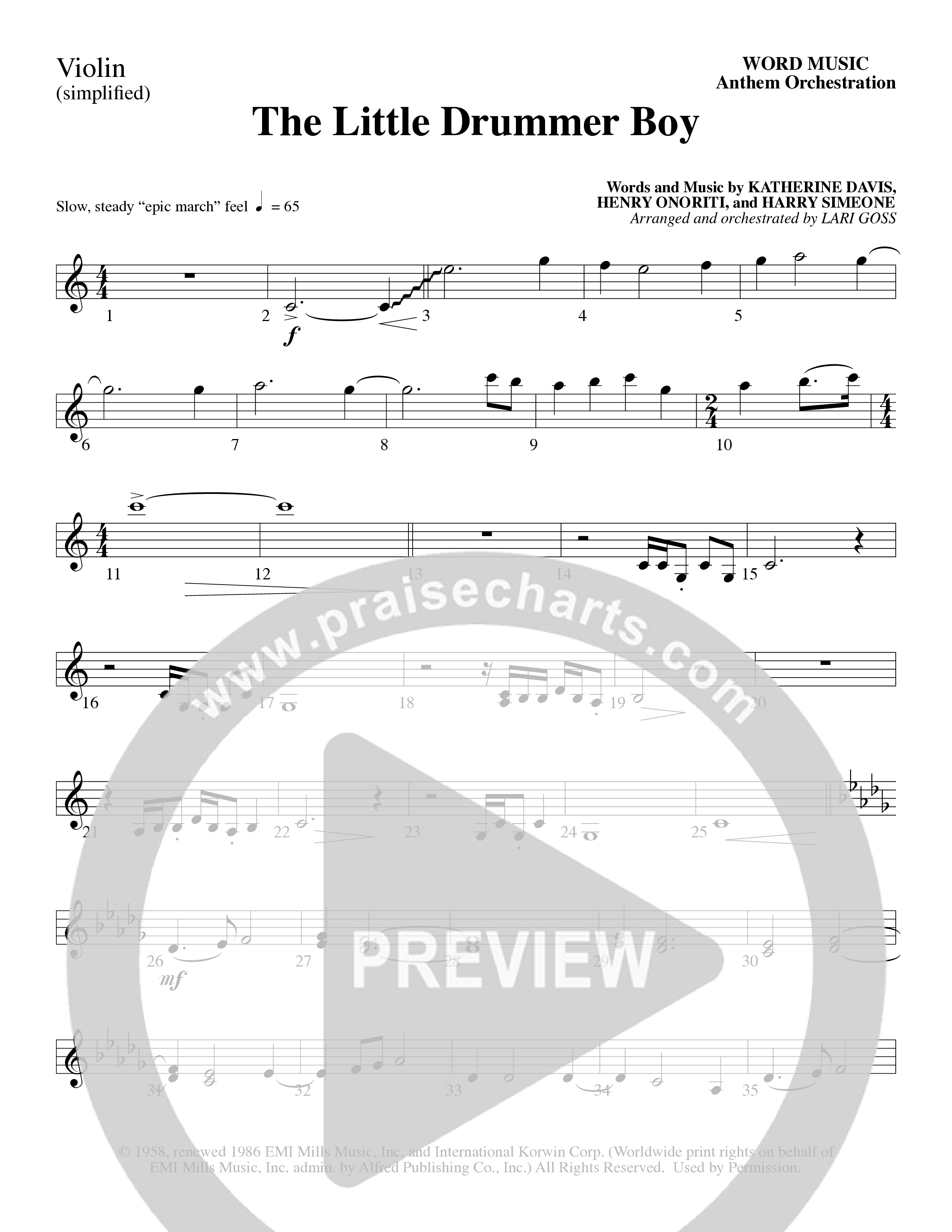 The Little Drummer Boy (Choral Anthem SATB) Violin 1 (Word Music Choral / Arr. Lari Goss)