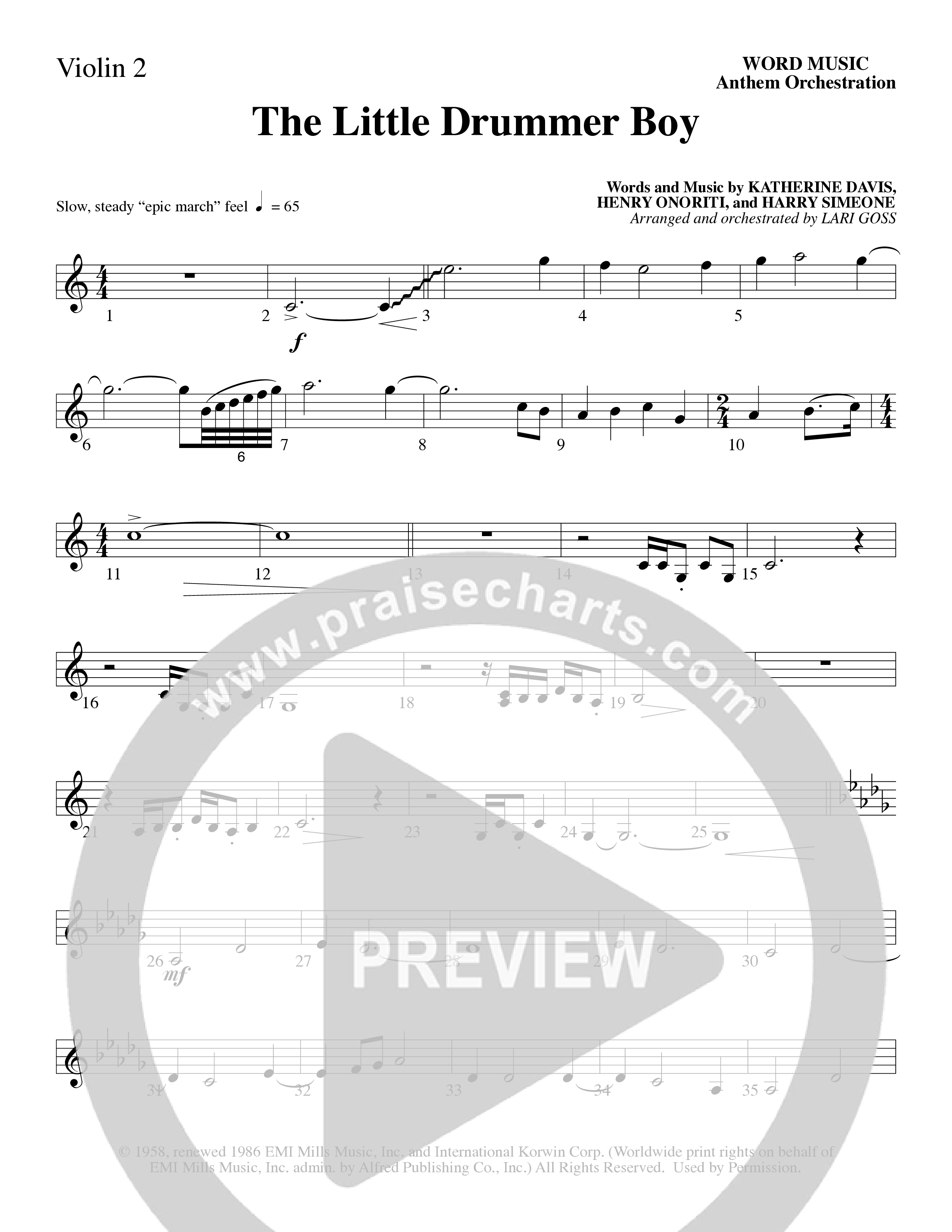 The Little Drummer Boy (Choral Anthem SATB) Violin 2 (Word Music Choral / Arr. Lari Goss)