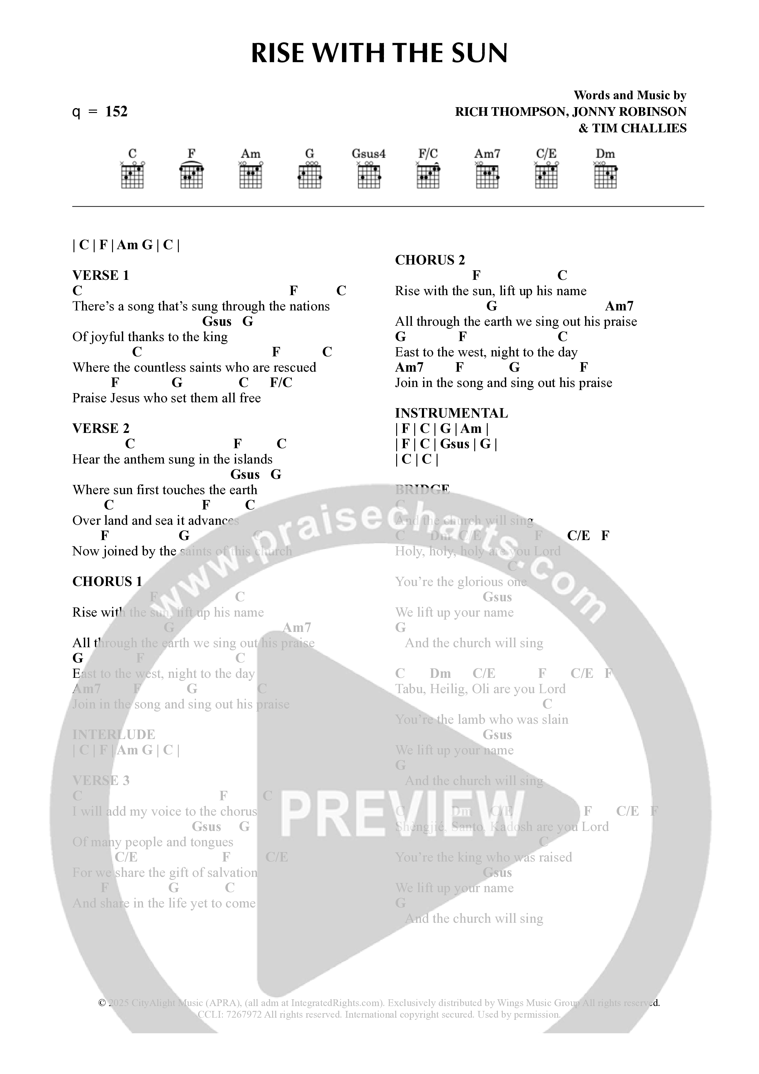 Rise With The Sun Chord Chart (CityAlight)