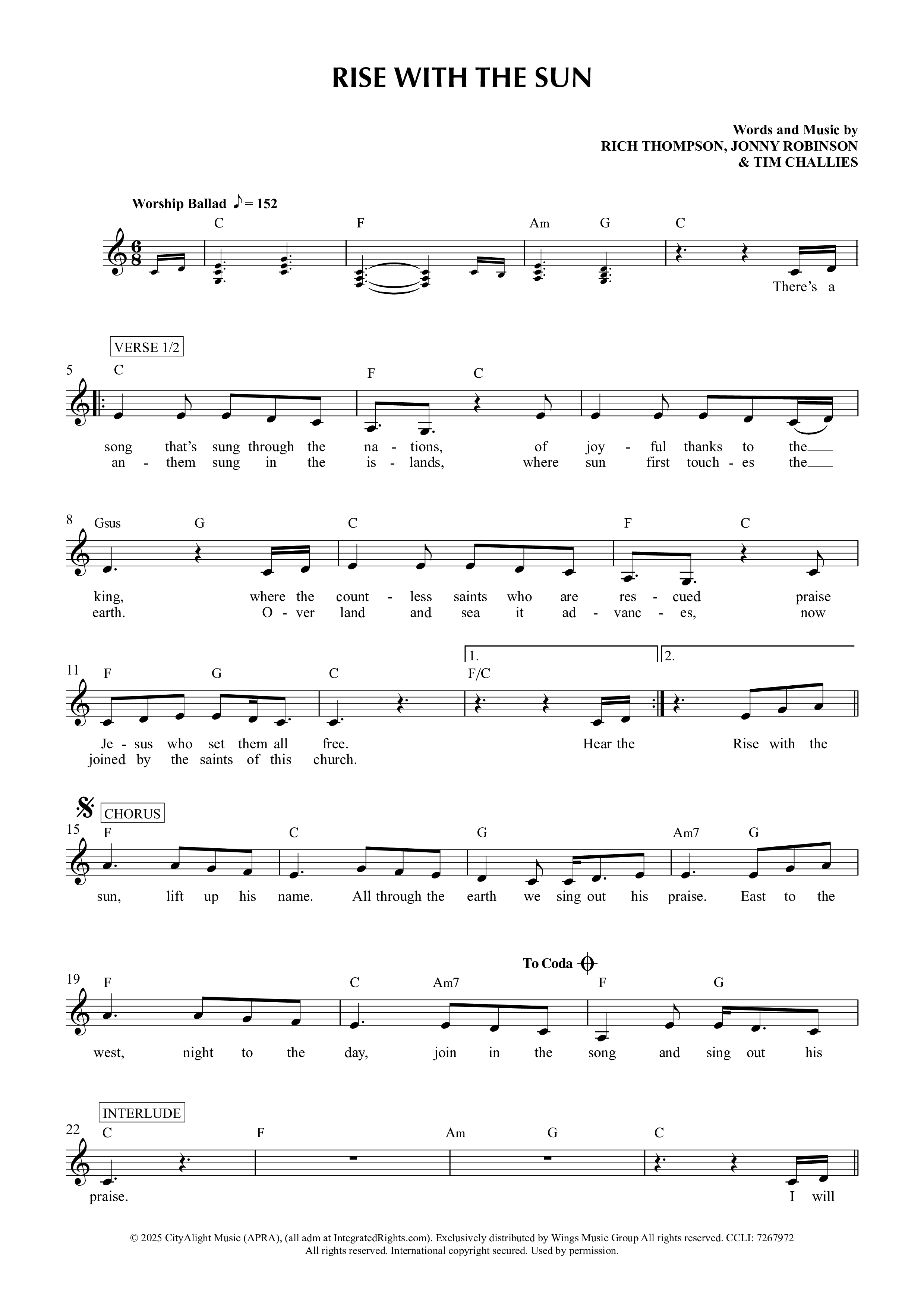 Rise With The Sun Lead Sheet Melody (CityAlight)