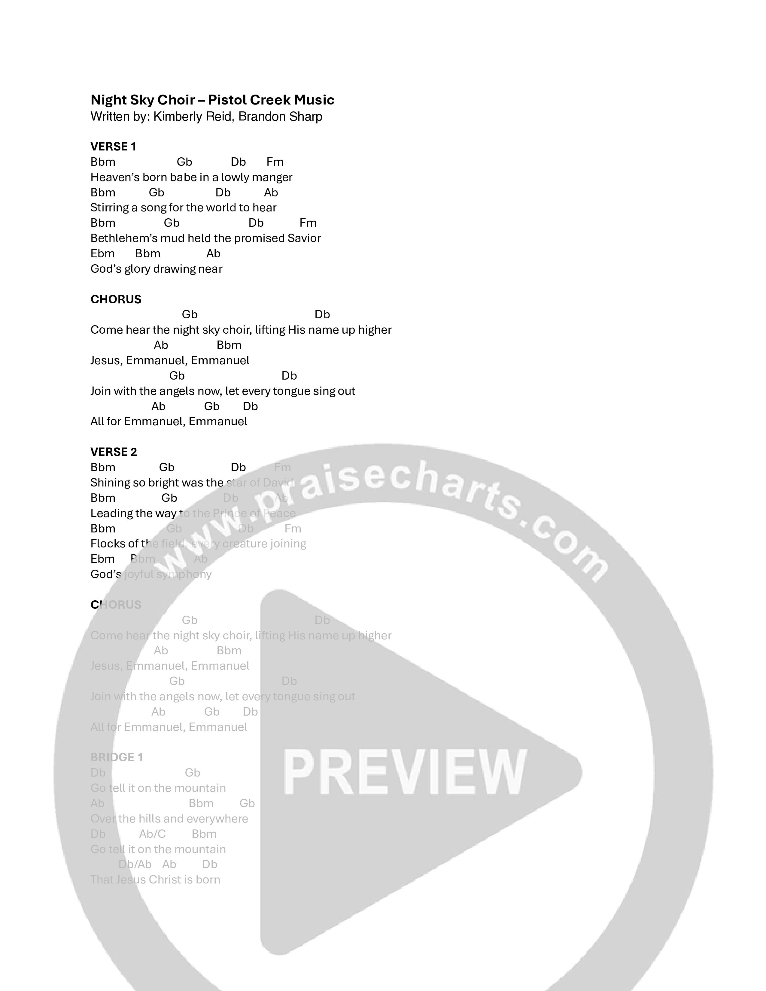 Night Sky Choir Chord Chart (Pistol Creek Music)