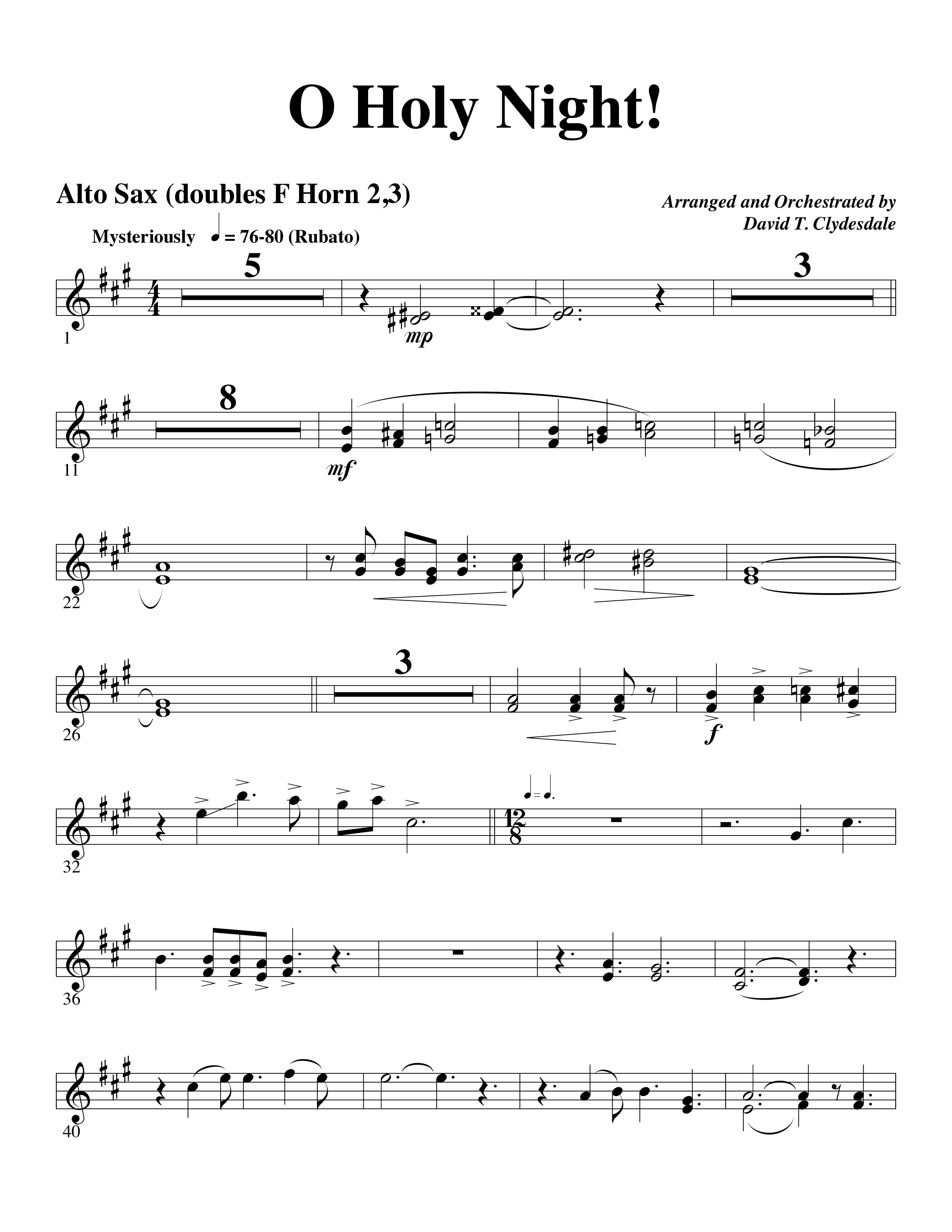 O Holy Night (Choral Anthem SATB) Alto Sax (Word Music Choral / Arr. David Clydesdale)
