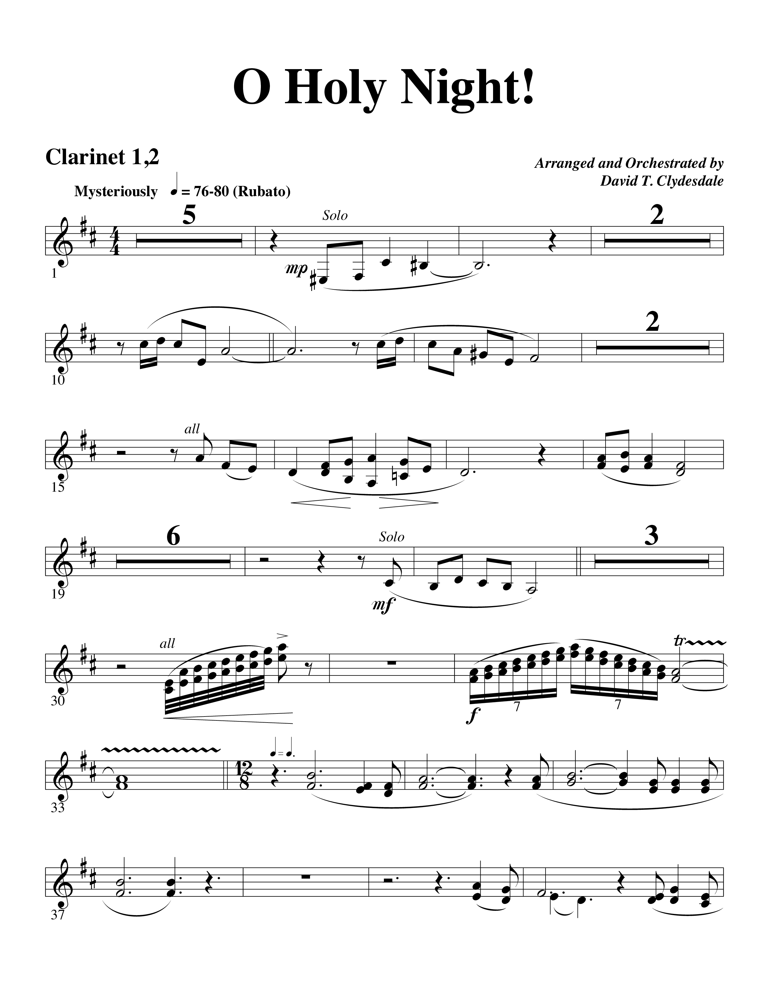 O Holy Night (Choral Anthem SATB) Clarinet 1/2 (Word Music Choral / Arr. David Clydesdale)