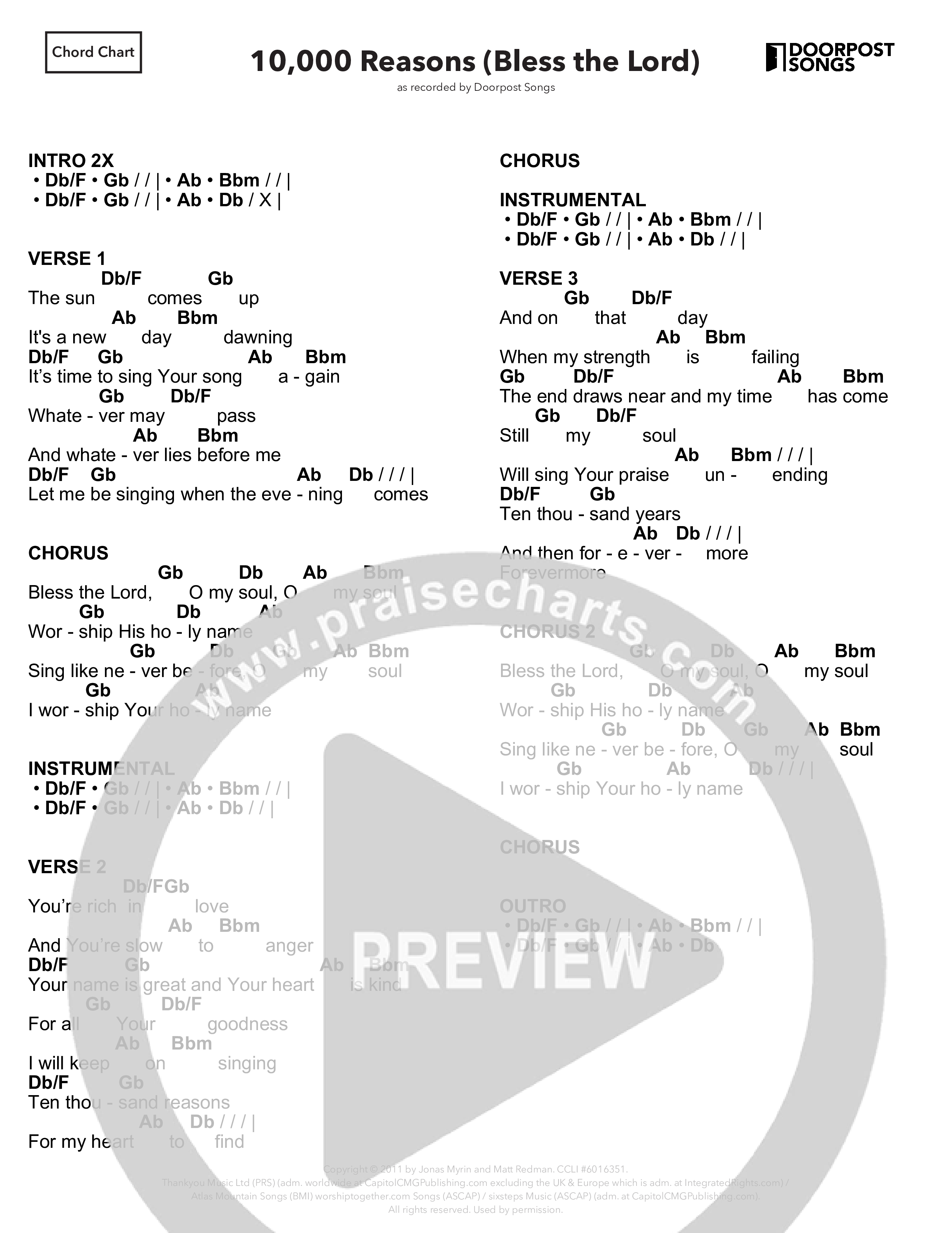 10,000 Reasons (Bless The Lord) (Kids) Chord Chart (Doorpost Kids Worship / Dave and Jess Ray)