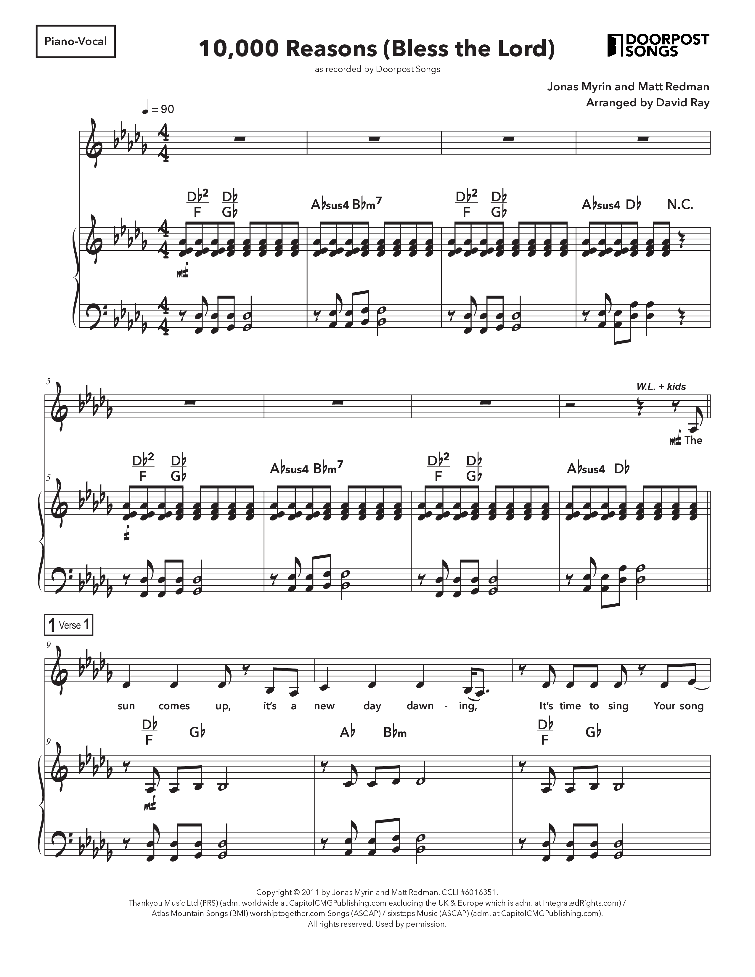 10,000 Reasons (Bless The Lord) (Kids) Piano/Vocal (Doorpost Kids Worship / Dave and Jess Ray)