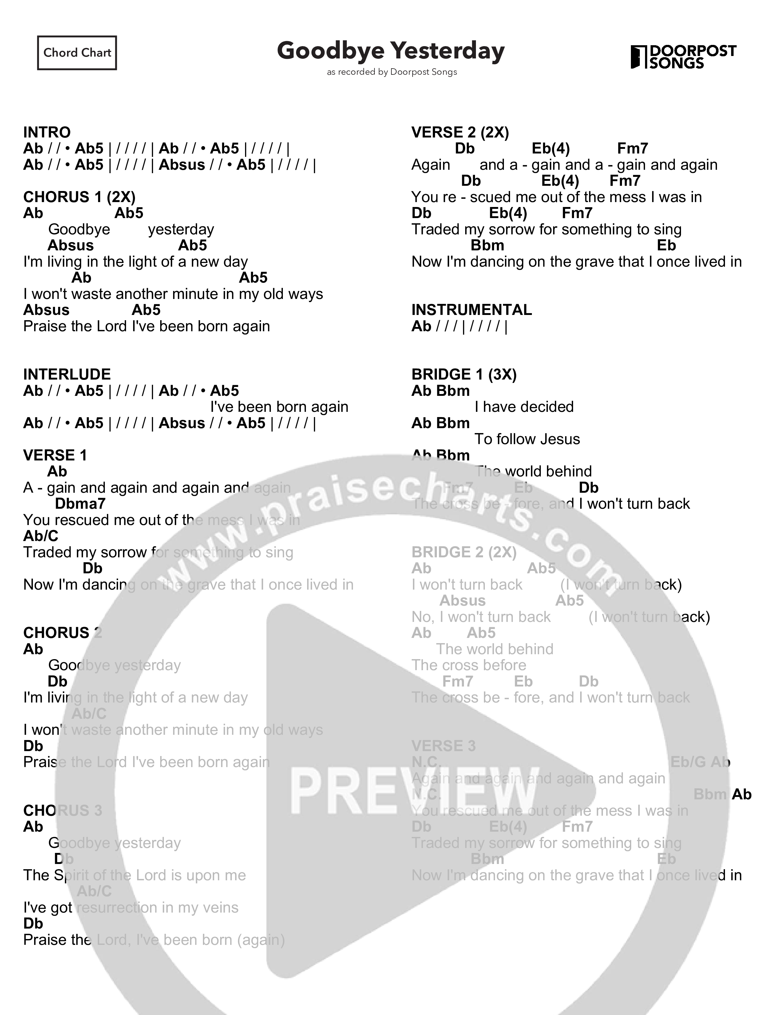 Goodbye Yesterday (Kids) Chord Chart (Doorpost Kids Worship / Dave and Jess Ray)