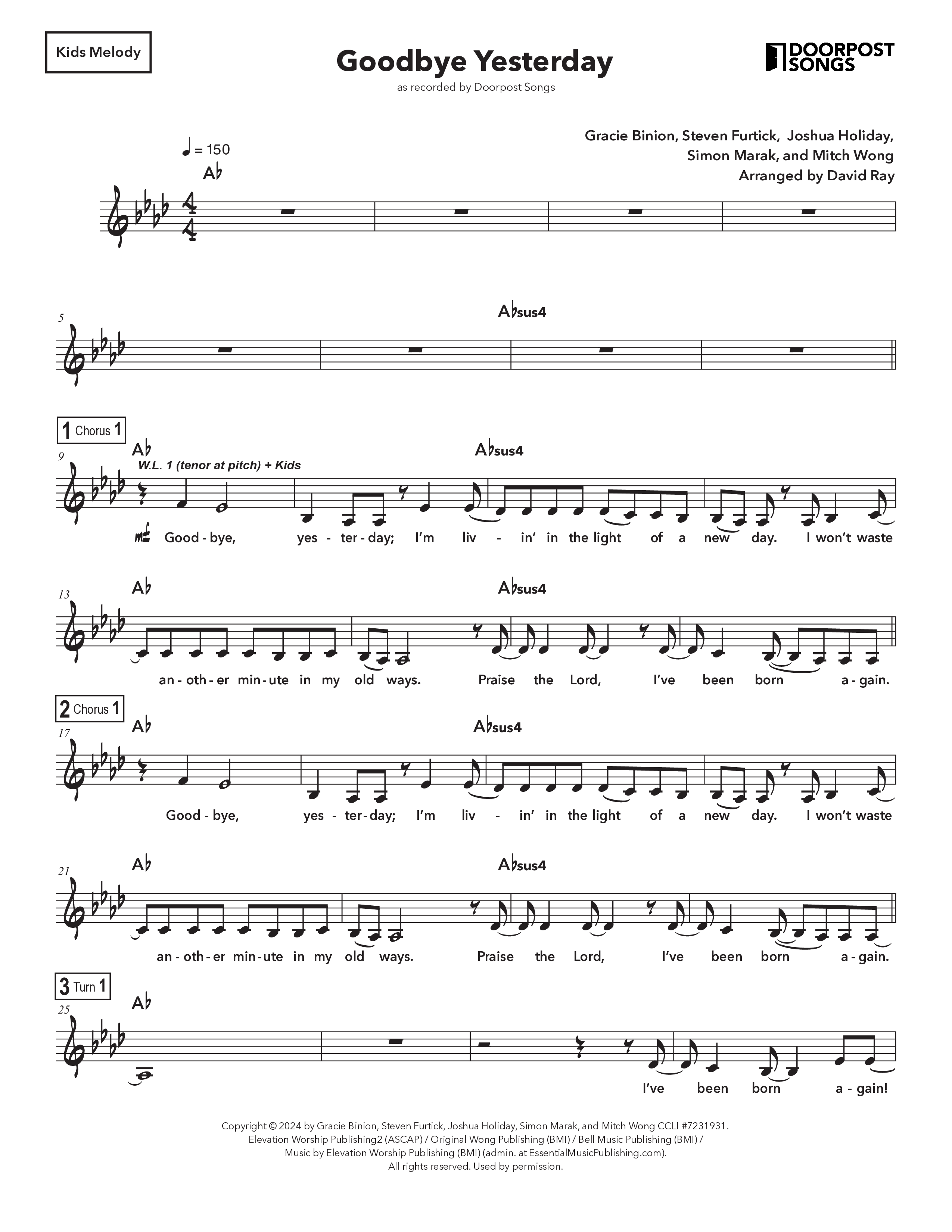 Goodbye Yesterday (Kids) Lead Sheet Melody (Doorpost Kids Worship / Dave and Jess Ray)