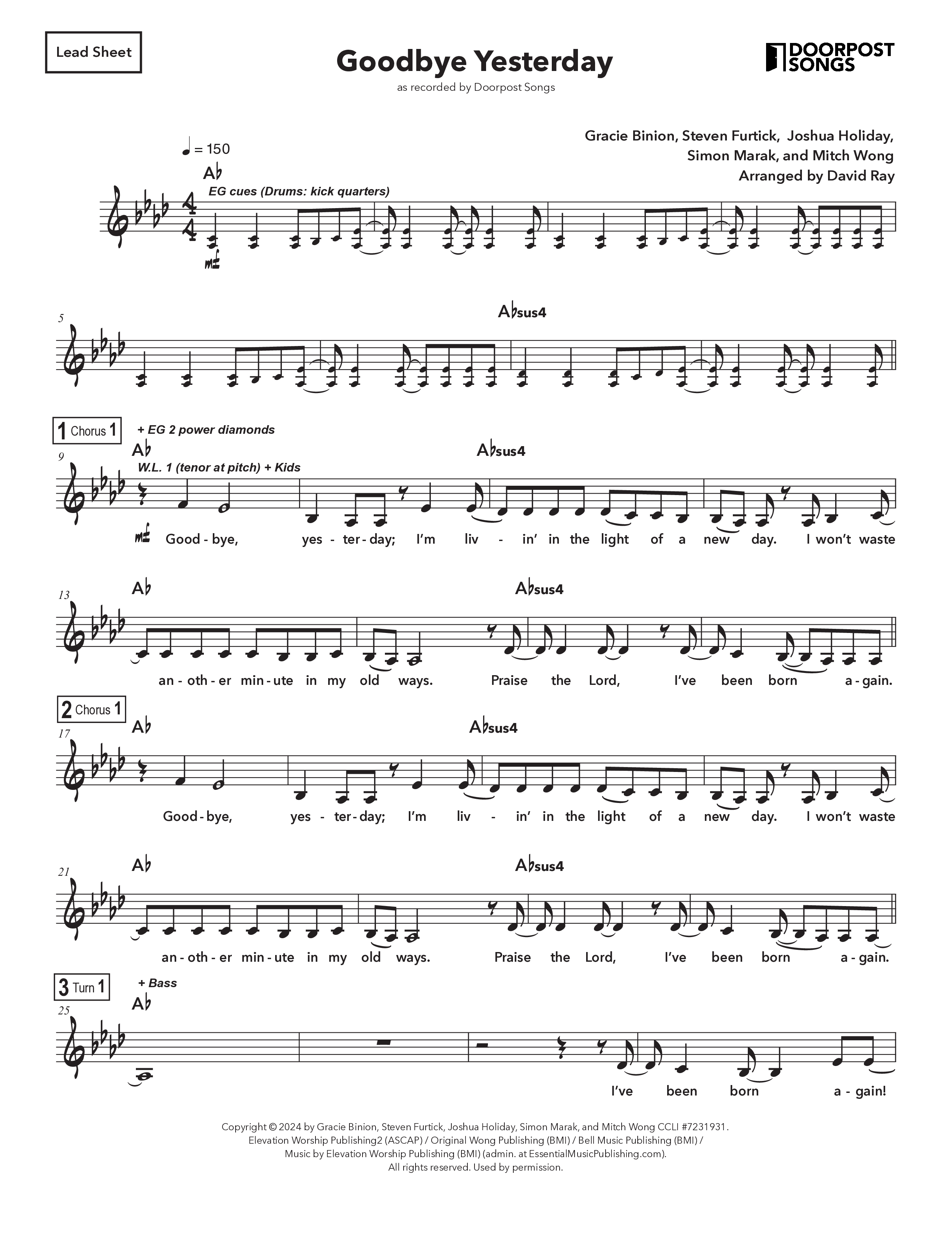 Goodbye Yesterday (Kids) Piano/Vocal Pack (Doorpost Kids Worship / Dave and Jess Ray)