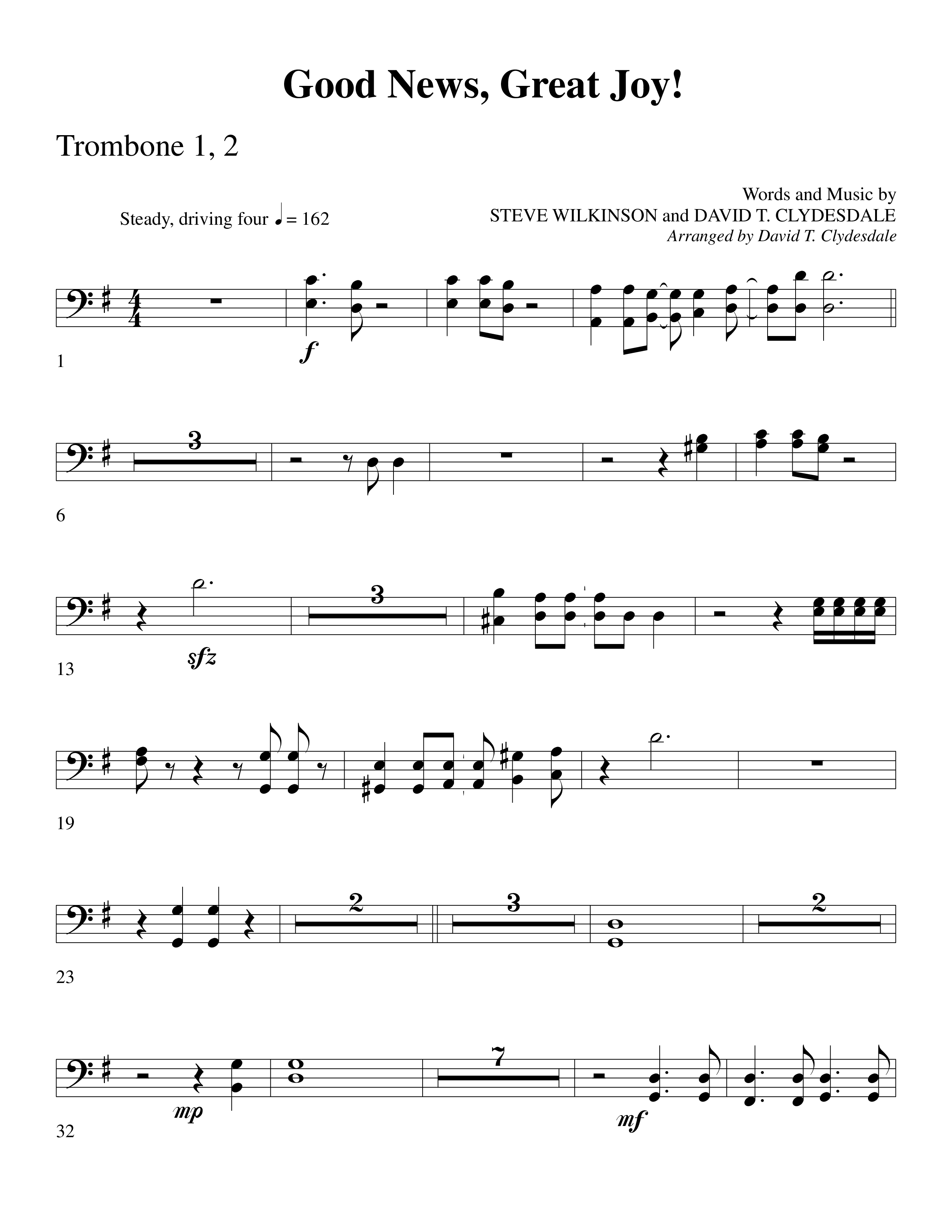 Good News Great Joy (Choral Anthem SATB) Trombone 1/2 (Word Music Choral / Arr. David Clydesdale)