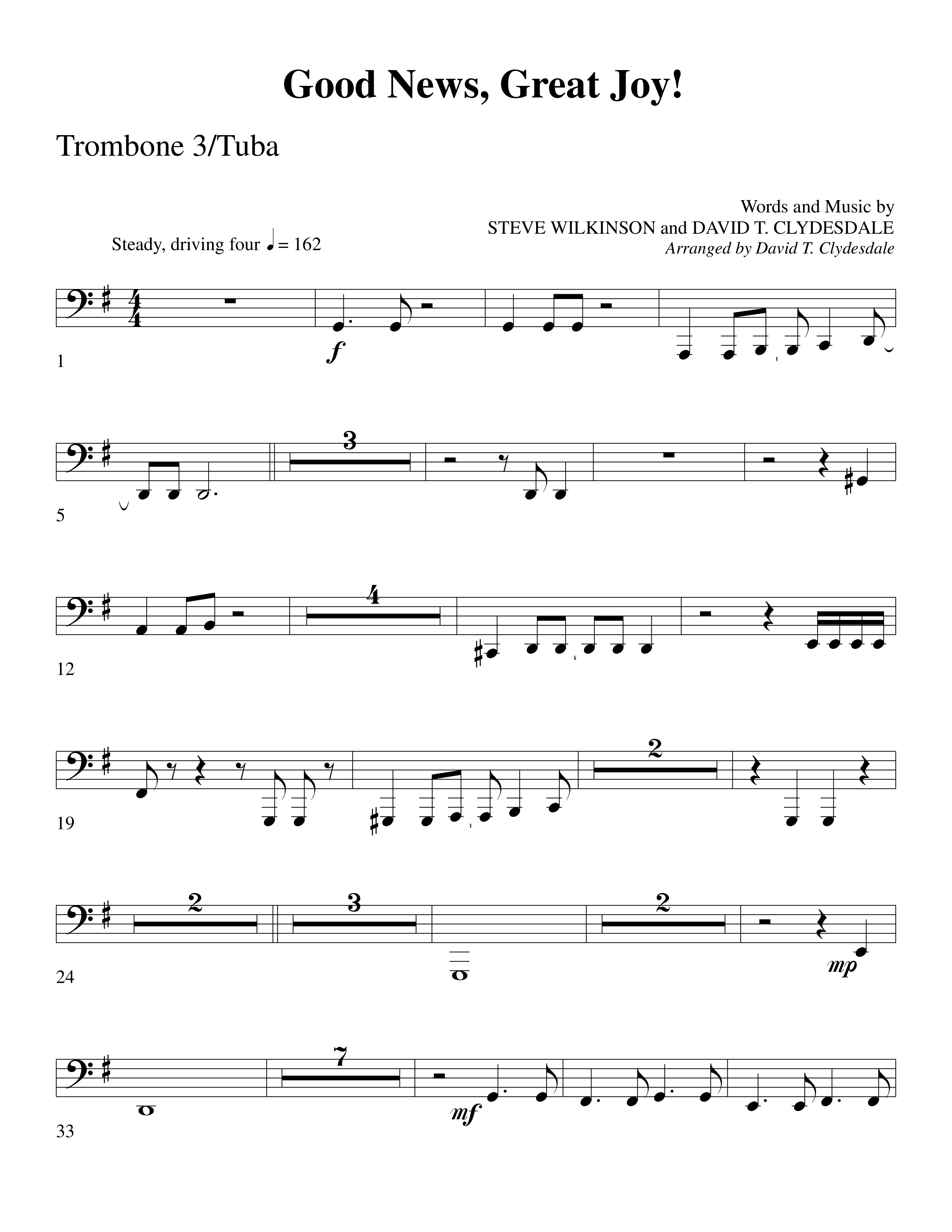 Good News Great Joy (Choral Anthem SATB) Trombone 3/Tuba (Word Music Choral / Arr. David Clydesdale)