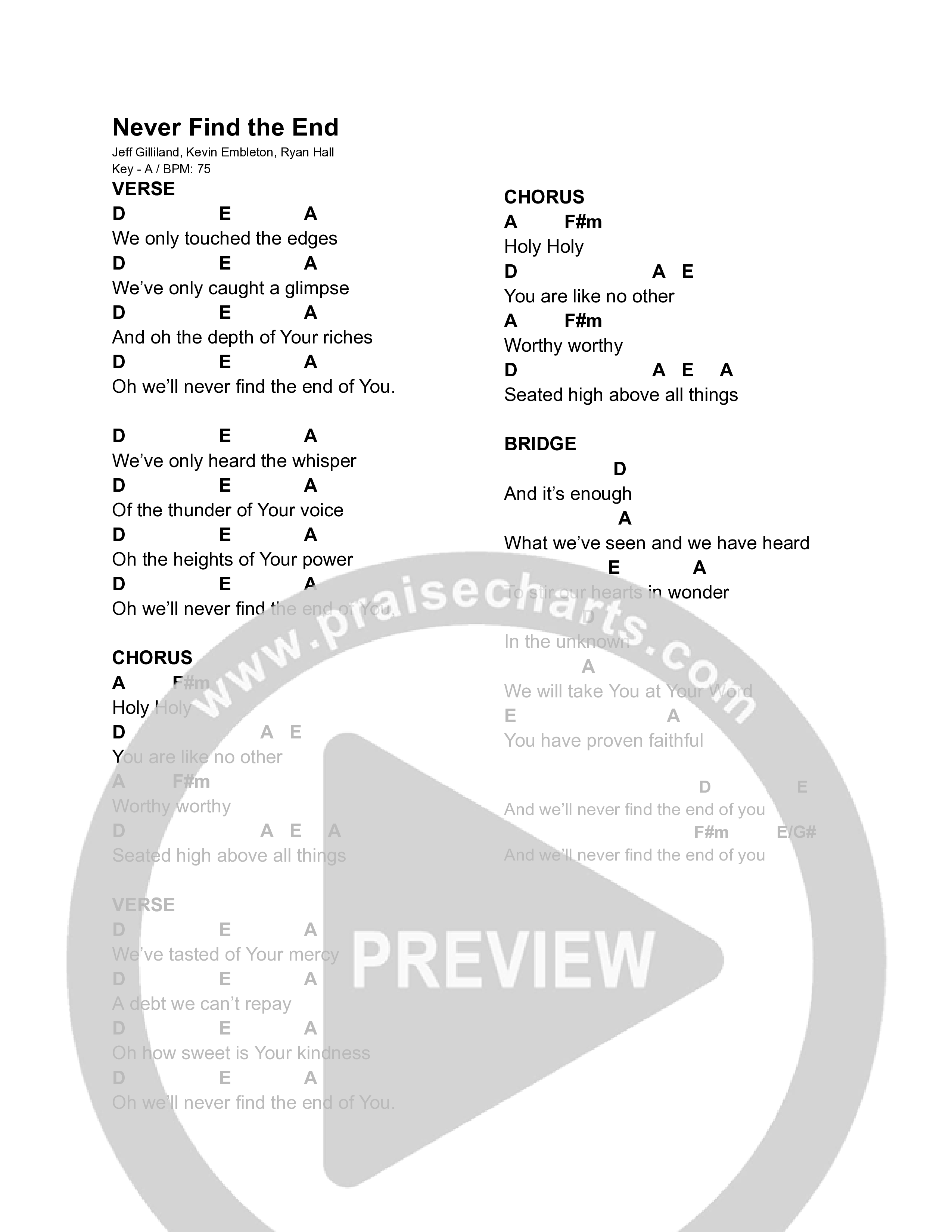Never Find the End Chord Chart (The Halls)