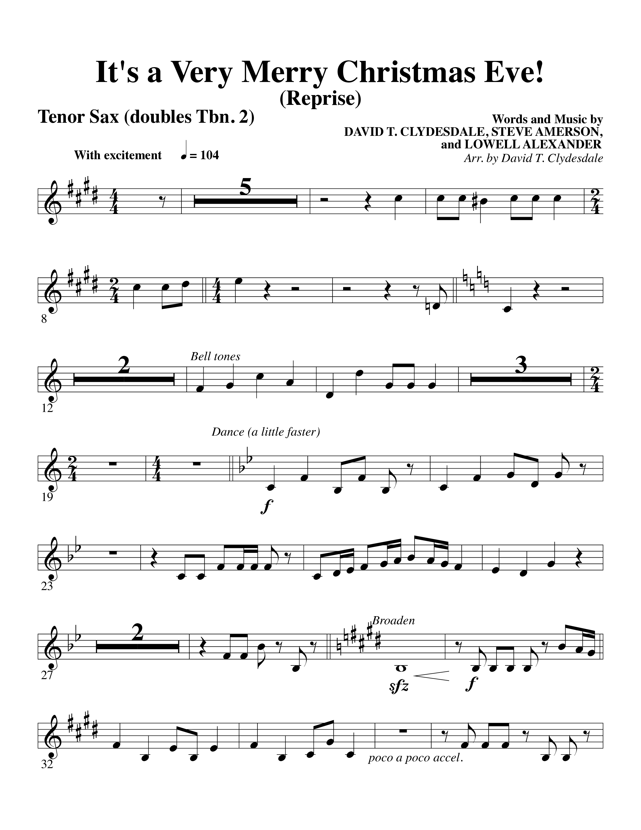 It's A Very Merry Christmas Eve (Choral Anthem SATB) Tenor Sax 1 (Word Music Choral / Arr. David Clydesdale)