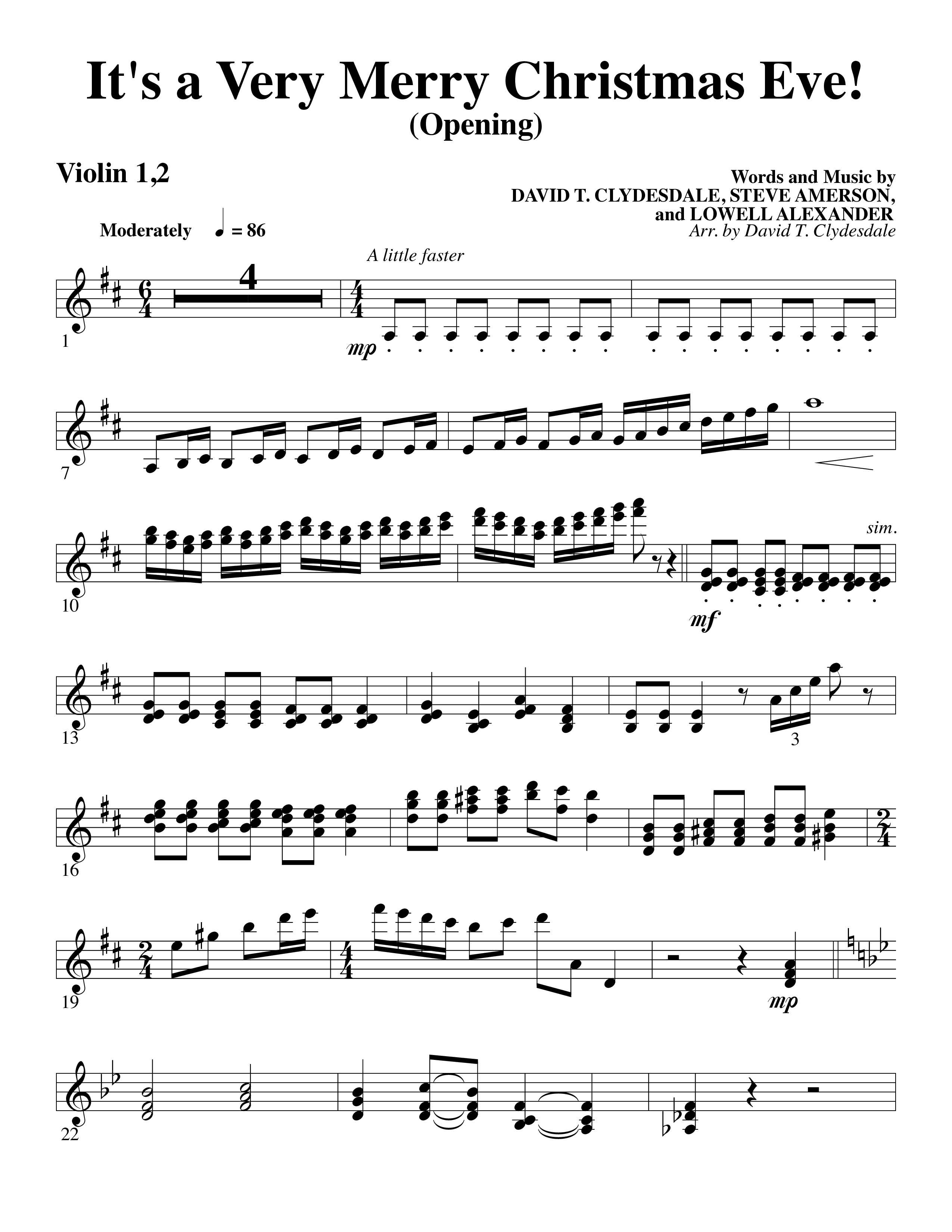 It's A Very Merry Christmas Eve (Choral Anthem SATB) Violin 1/2 (Word Music Choral / Arr. David Clydesdale)