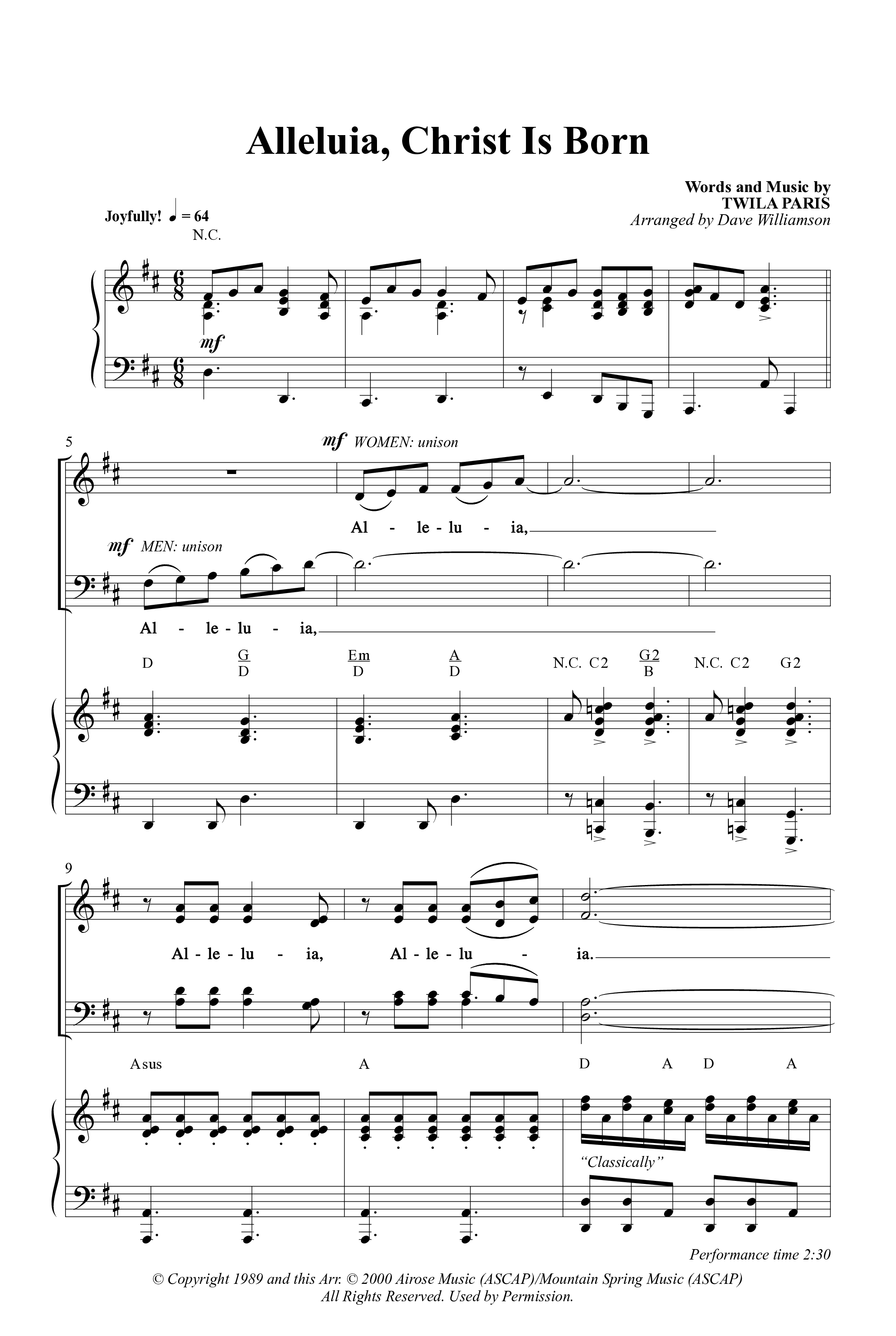 Alleluia Christ Is Born (Choral Anthem SATB) Anthem (SATB/Piano) (Word Music Choral / Arr. Dave Williamson)