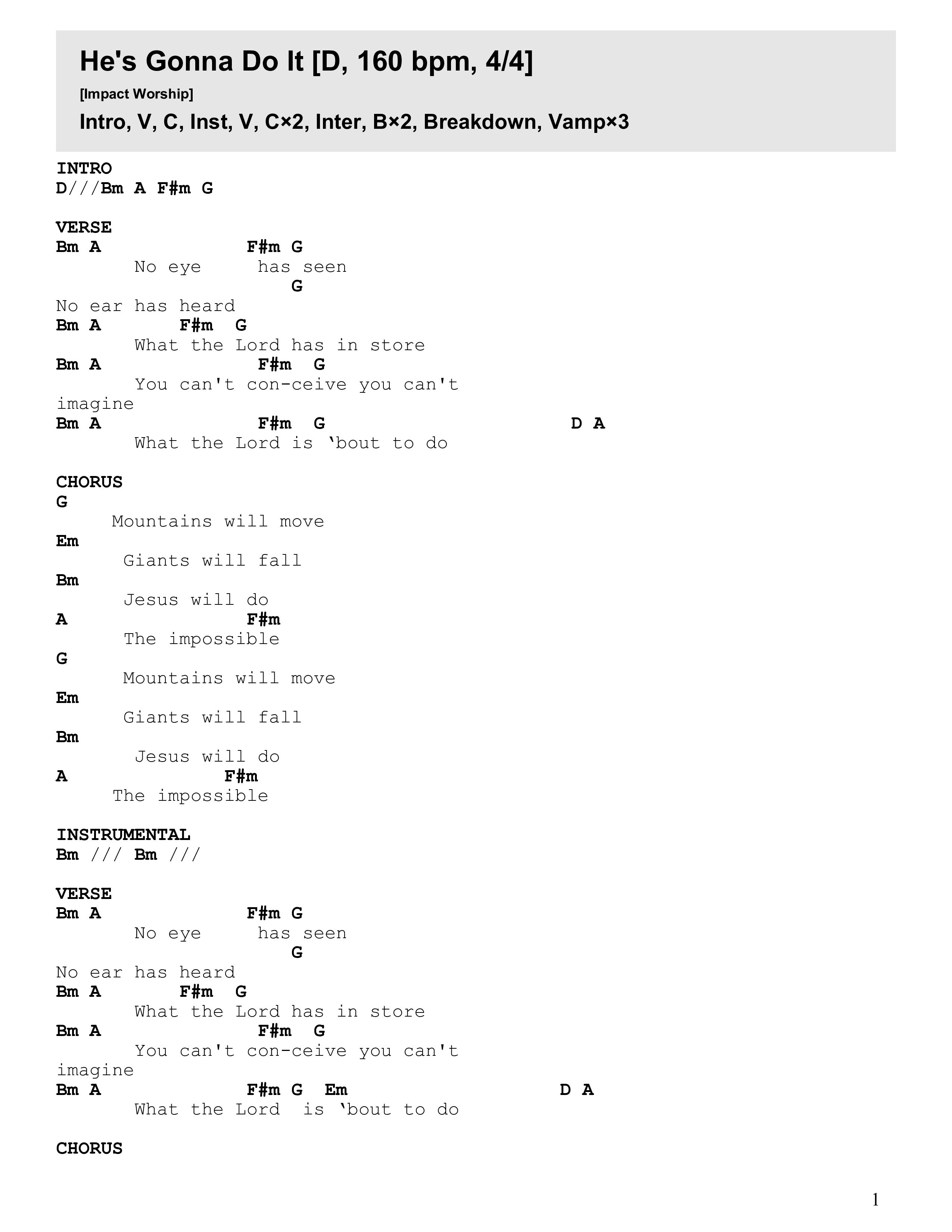 He's Gonna Do It Chord Chart (Impact Worship / Tyler Armstrong / Travis Hearn)