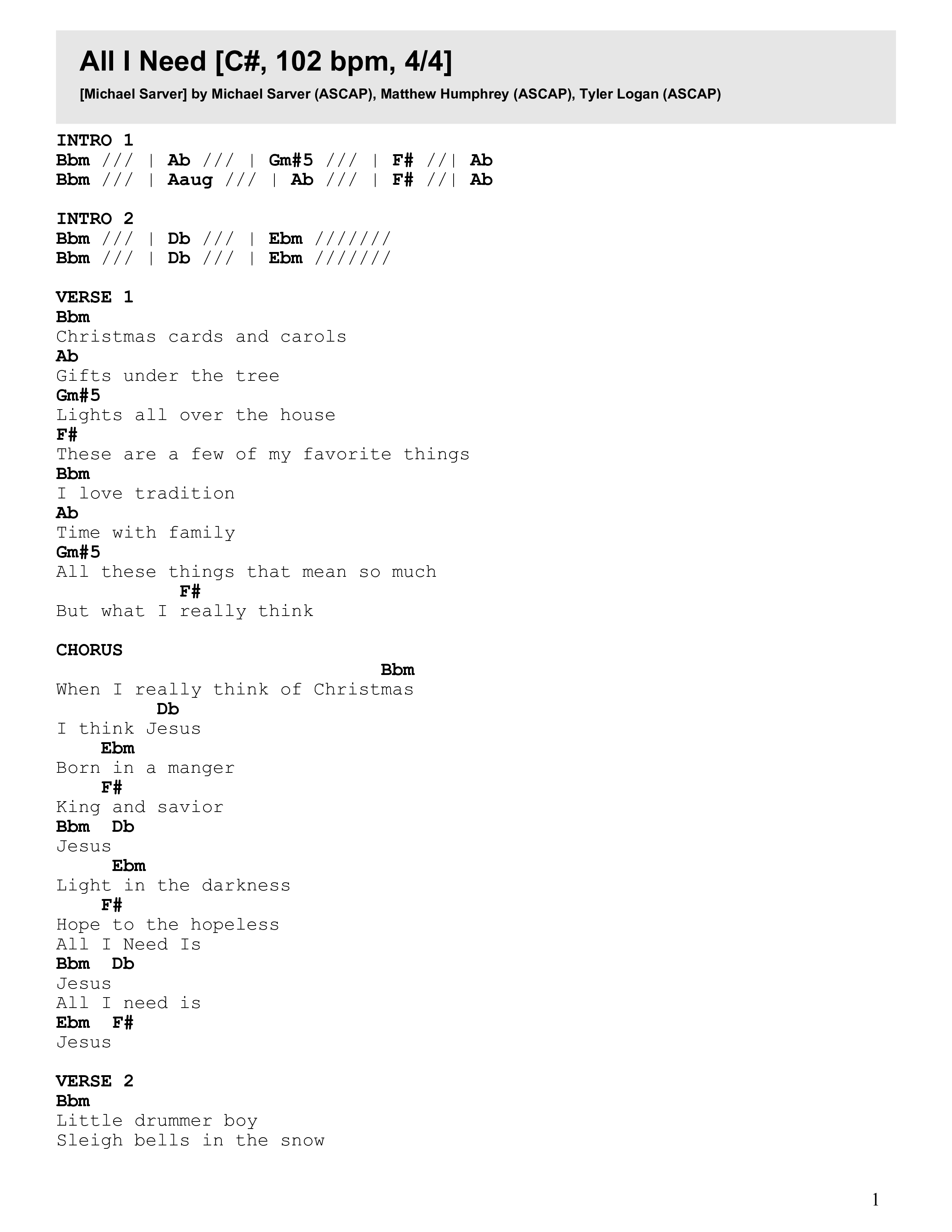All I Need Chord Chart (Michael Sarver)