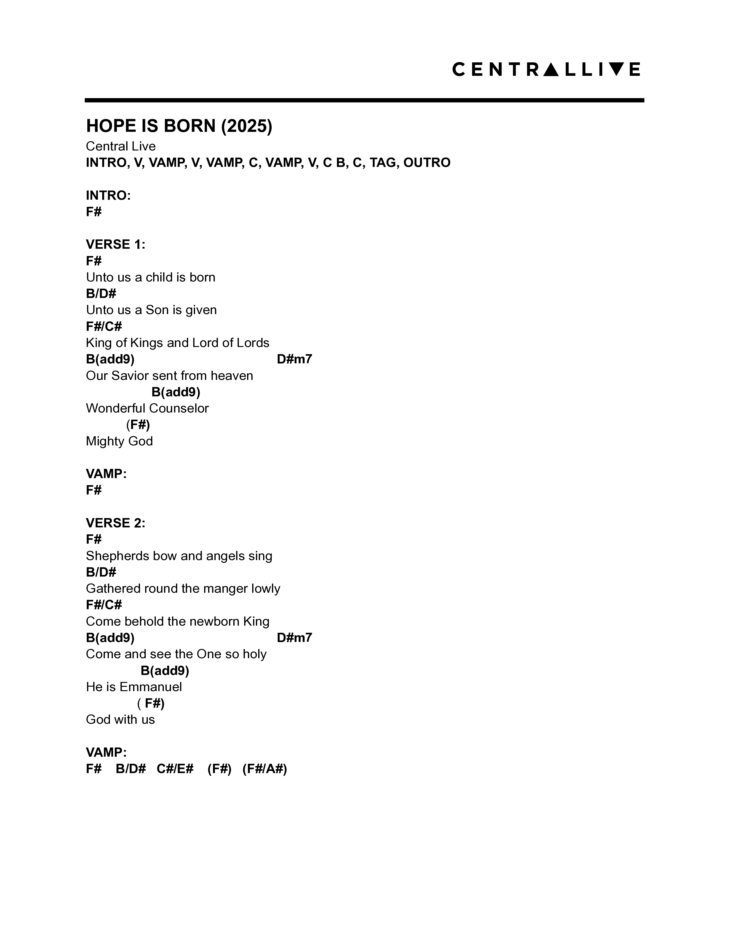 Hope Is Born (2025) Chord Chart (Central Live)
