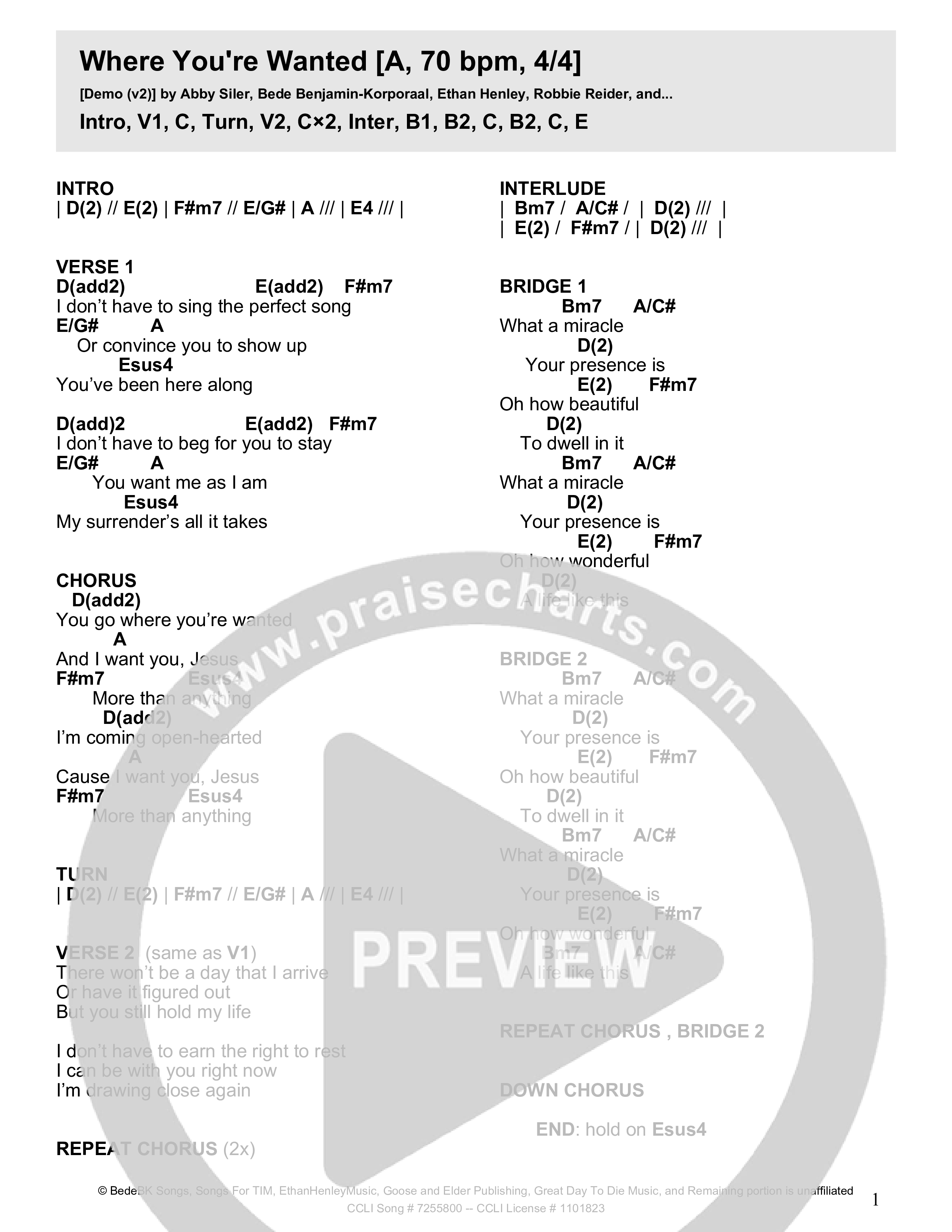 Where You're Wanted (Live) Chord Chart (Crossroads Music / Savannah Locke)
